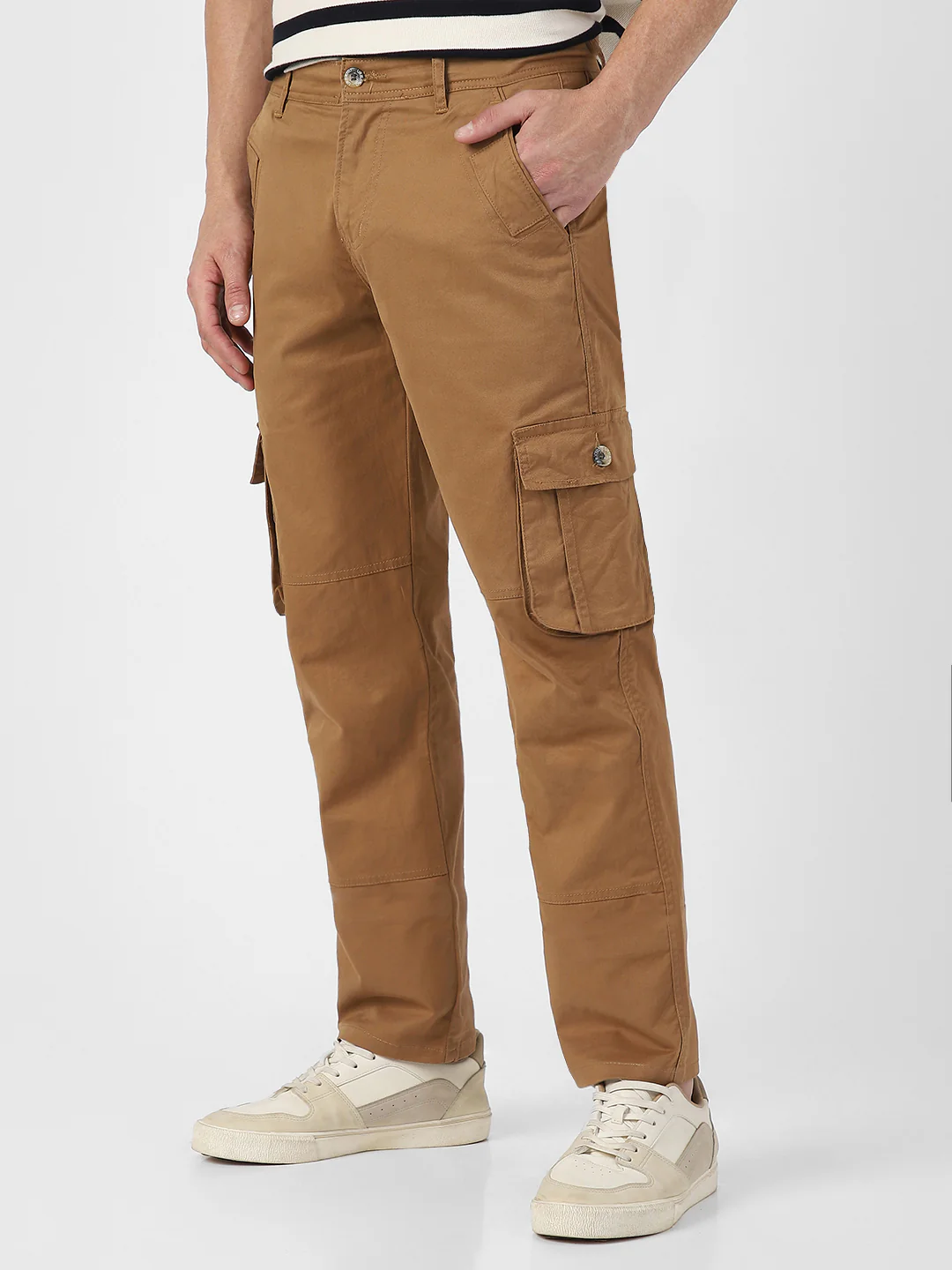 Men's Dark Khaki Regular Fit Solid Cargo Chino Pant with 6 Pockets - Image 3