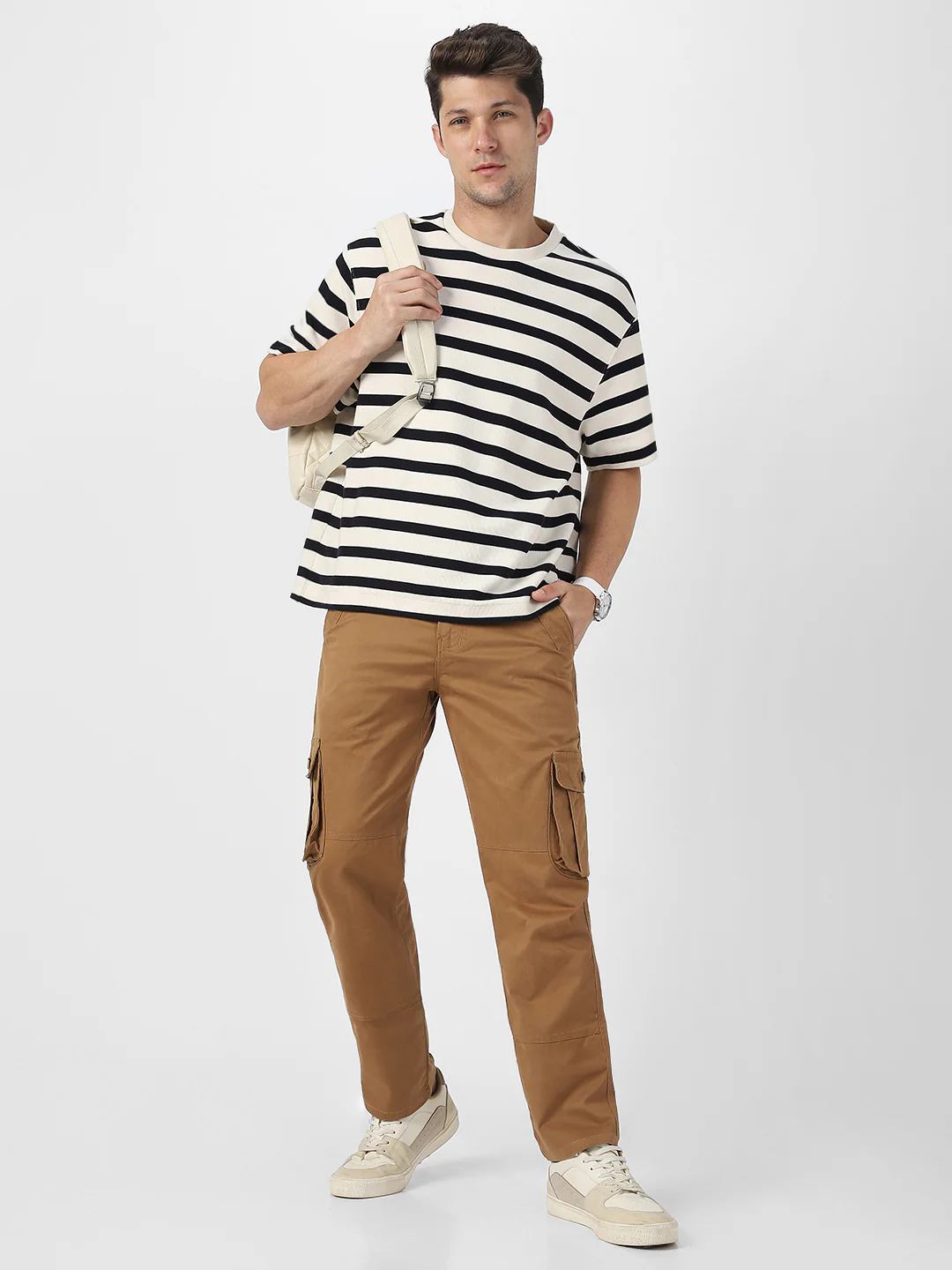 Men's Dark Khaki Regular Fit Solid Cargo Chino Pant with 6 Pockets - Image 5