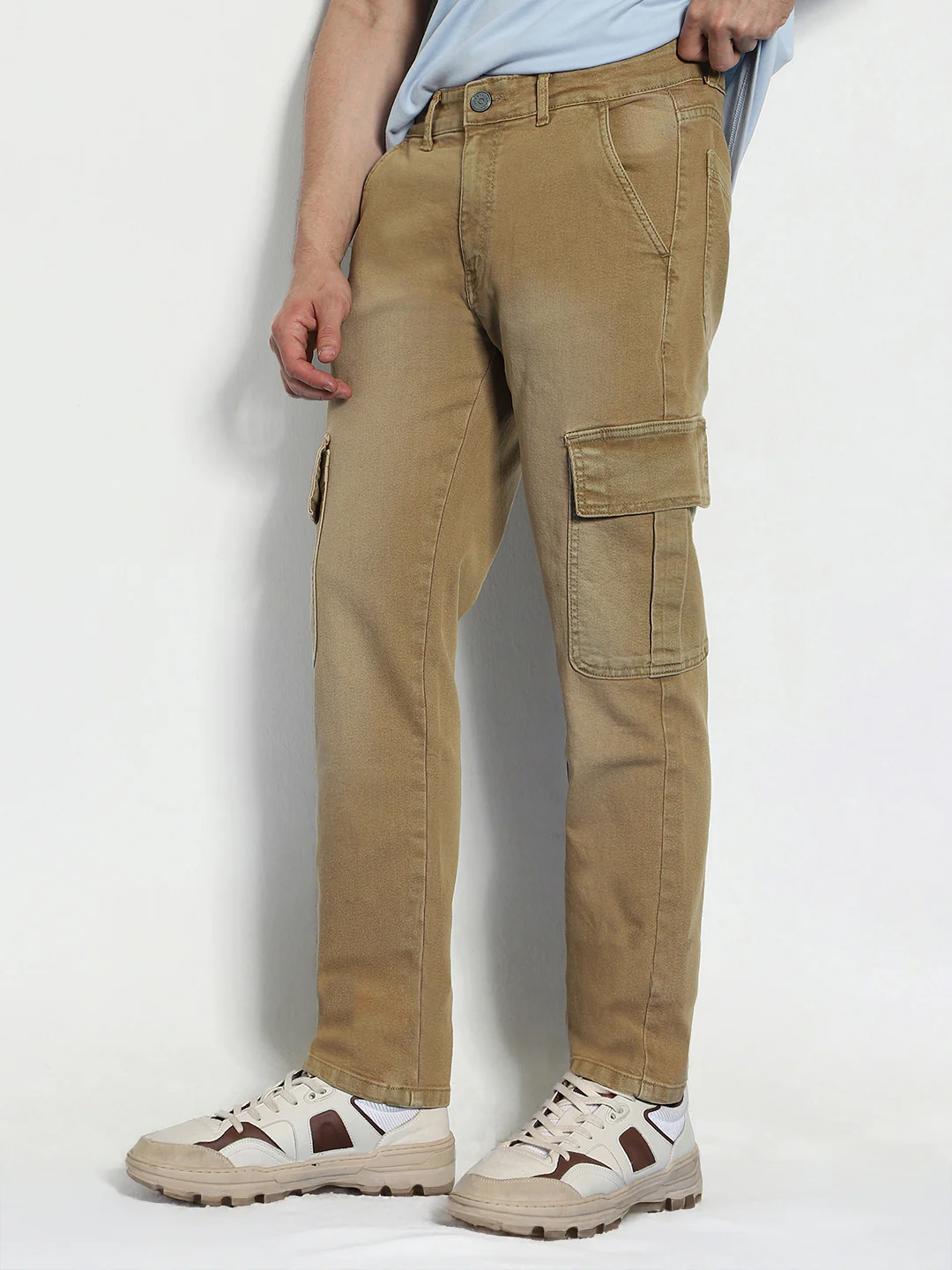 Men's Dark Khaki Regular Fit Washed Cargo Jeans With 6 Pockets Stretchable - Image 2