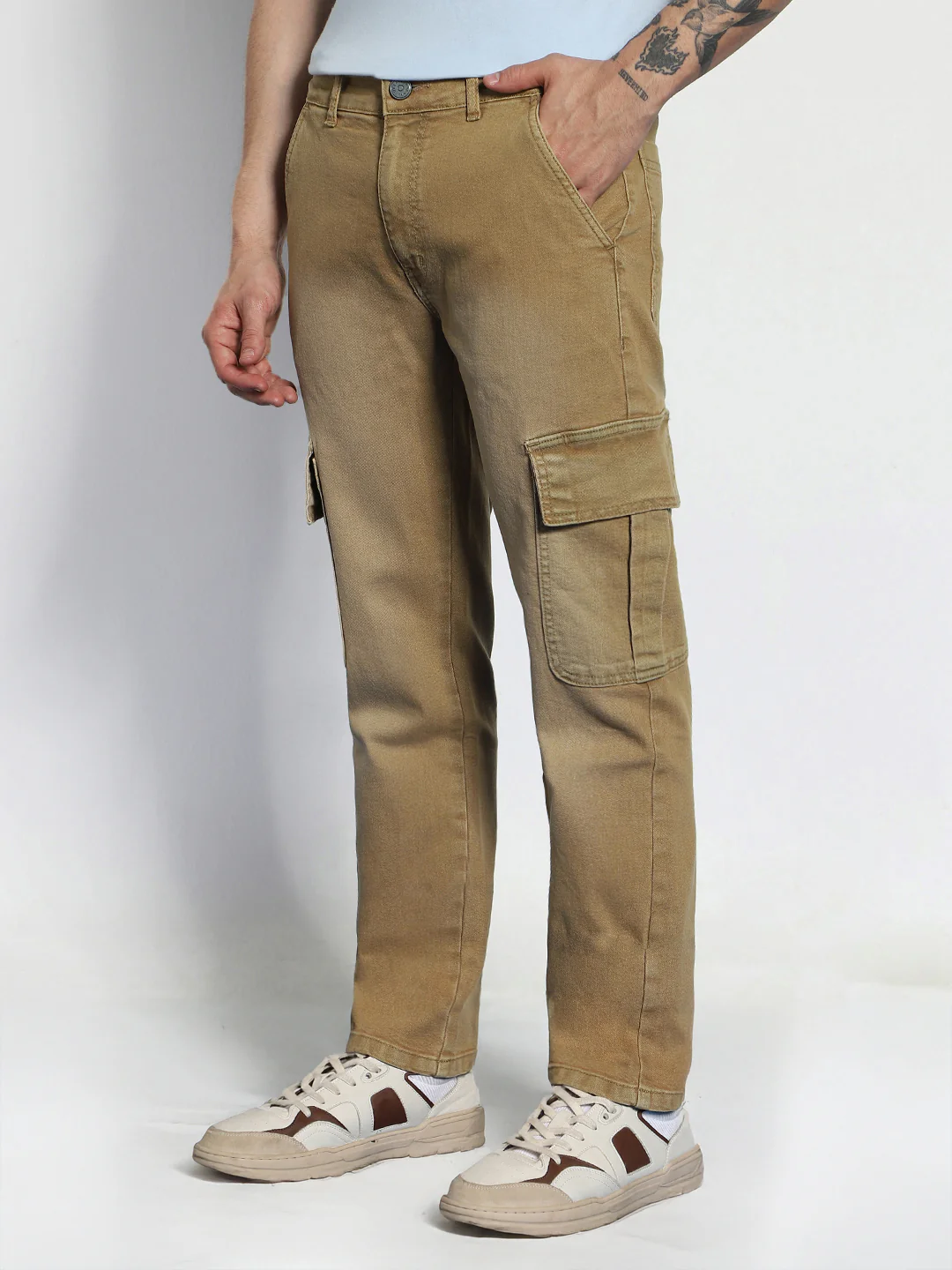 Men's Dark Khaki Regular Fit Washed Cargo Jeans With 6 Pockets Stretchable - Image 3