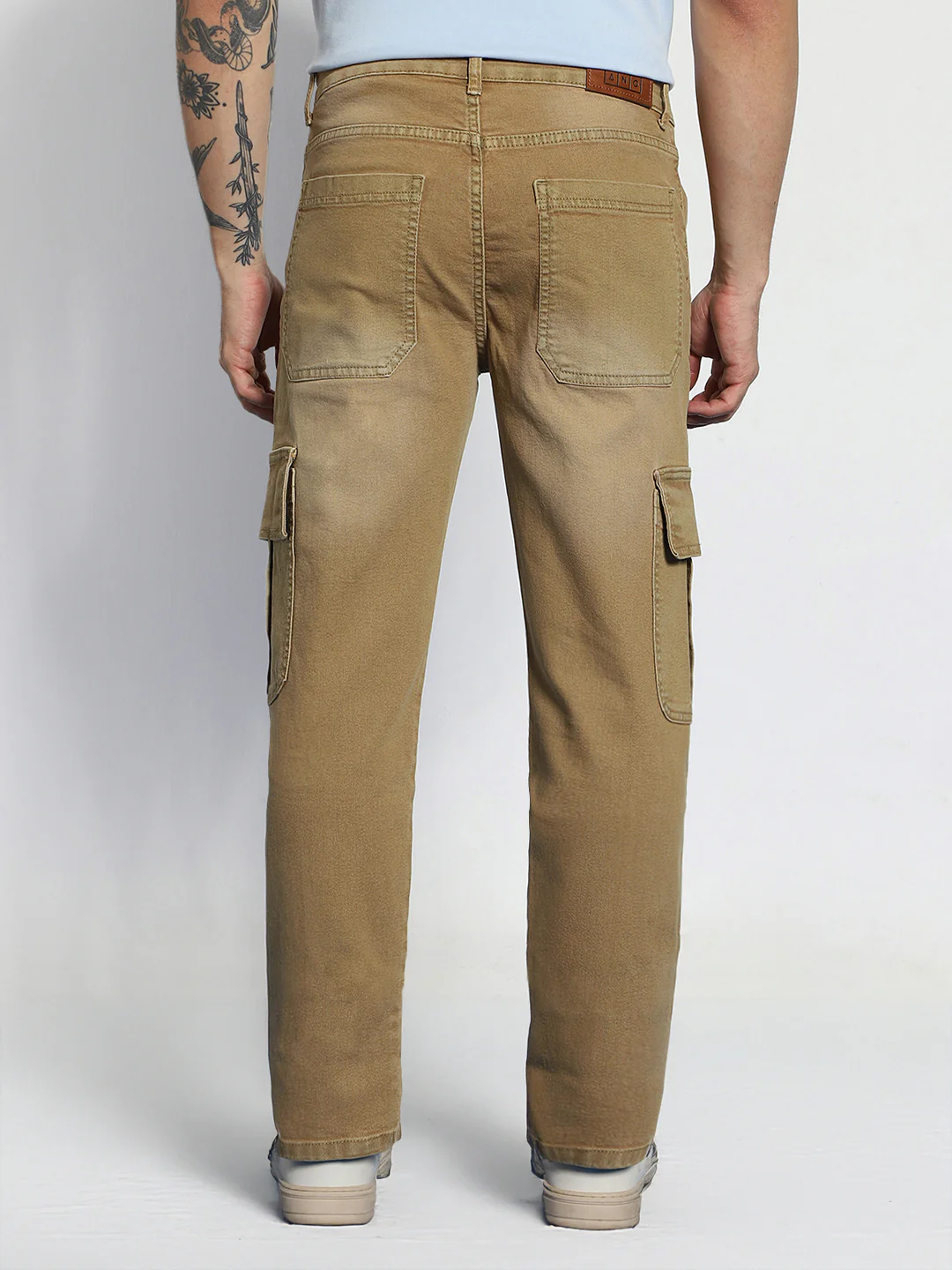 Men's Dark Khaki Regular Fit Washed Cargo Jeans With 6 Pockets Stretchable - Image 4