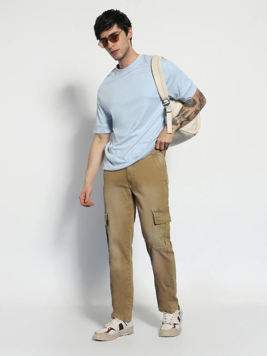 Men's Dark Khaki Regular Fit Washed Cargo Jeans With 6 Pockets Stretchable - Image 5