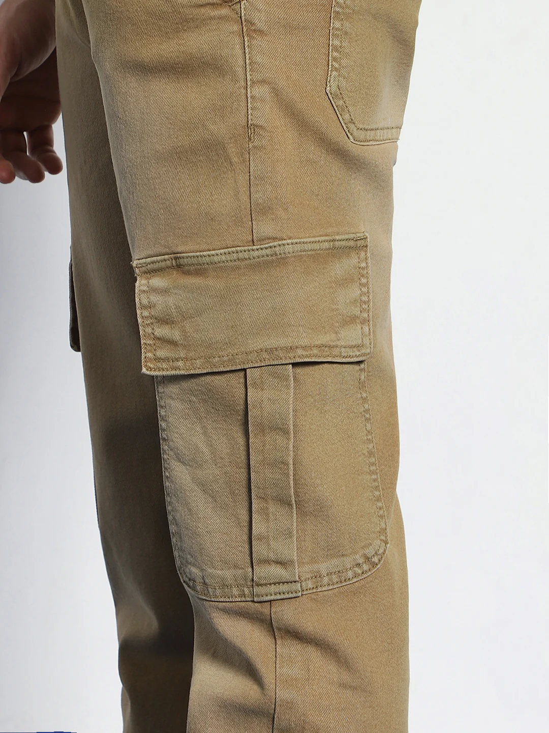 Men's Dark Khaki Regular Fit Washed Cargo Jeans With 6 Pockets Stretchable - Image 6