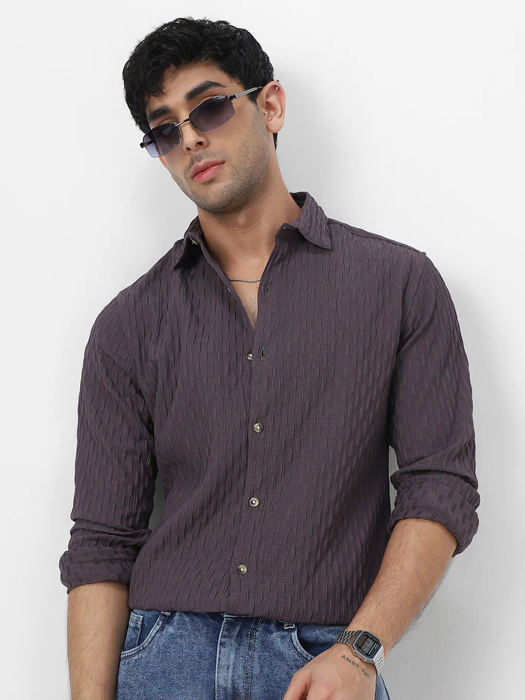 Men's Dark Lavender Cotton Full Sleeve Regular Fit Textured Shirt with Spread Collar - Image 2