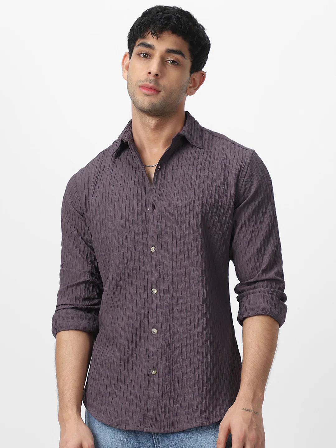 Men's Dark Lavender Cotton Full Sleeve Regular Fit Textured Shirt with Spread Collar - Image 3
