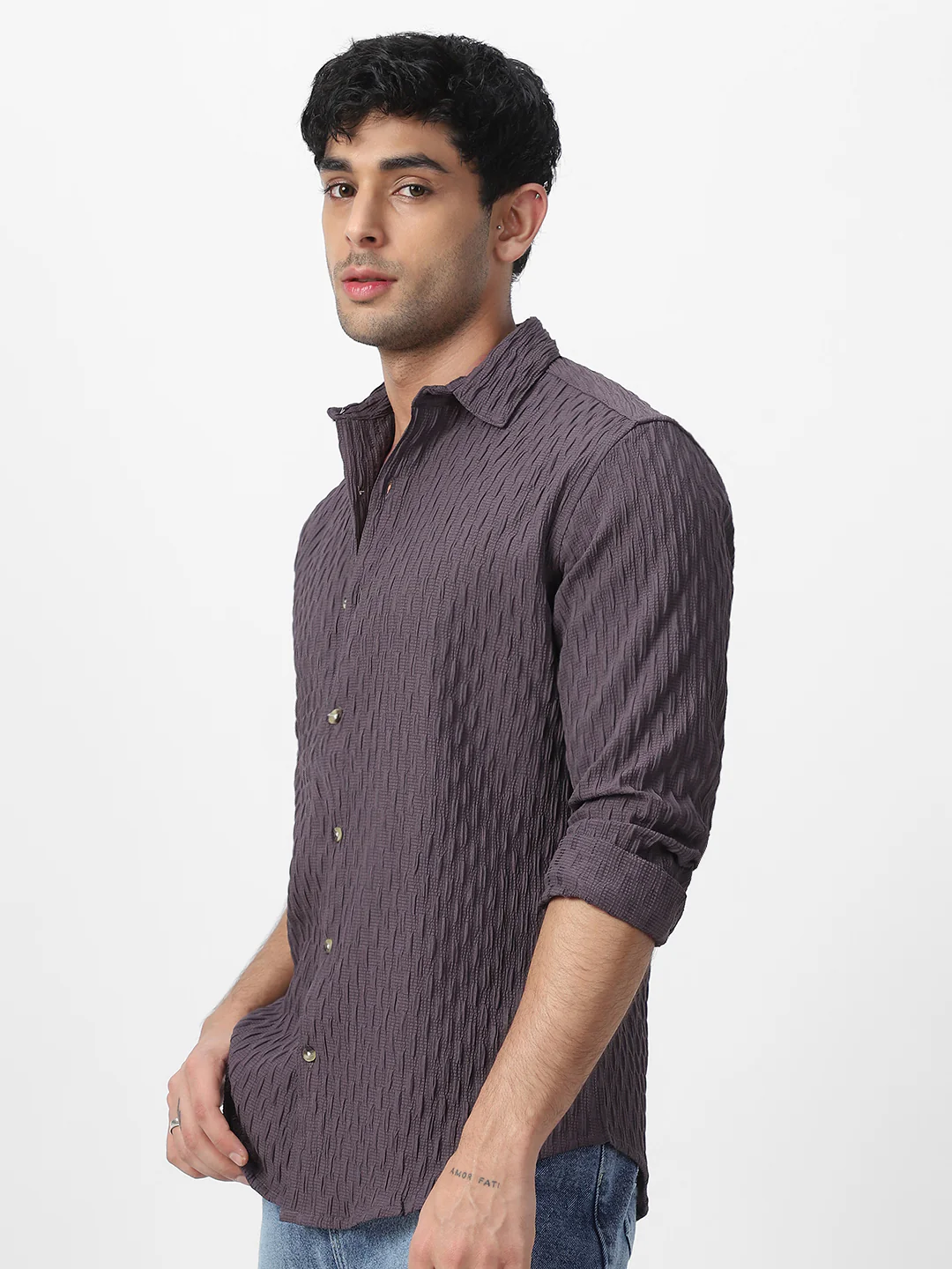 Men's Dark Lavender Cotton Full Sleeve Regular Fit Textured Shirt with Spread Collar - Image 4