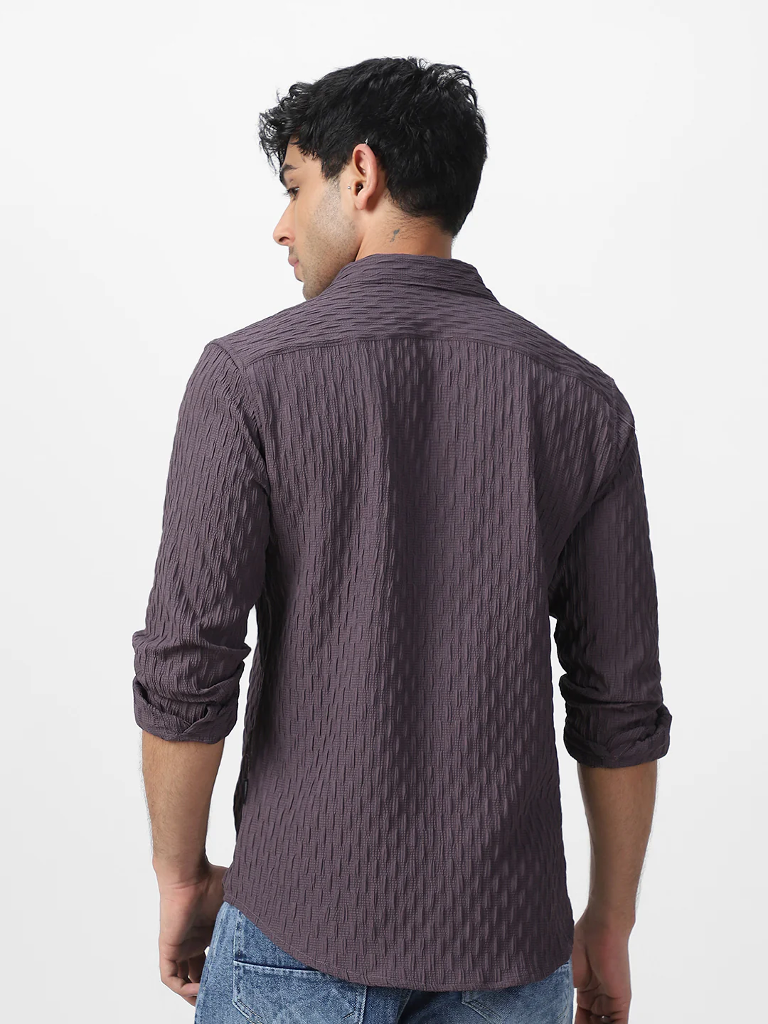 Men's Dark Lavender Cotton Full Sleeve Regular Fit Textured Shirt with Spread Collar - Image 5