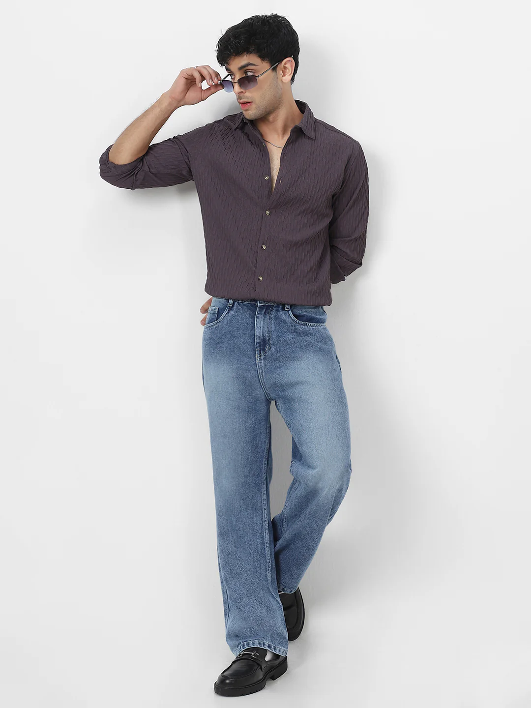 Men's Dark Lavender Cotton Full Sleeve Regular Fit Textured Shirt with Spread Collar - Image 6