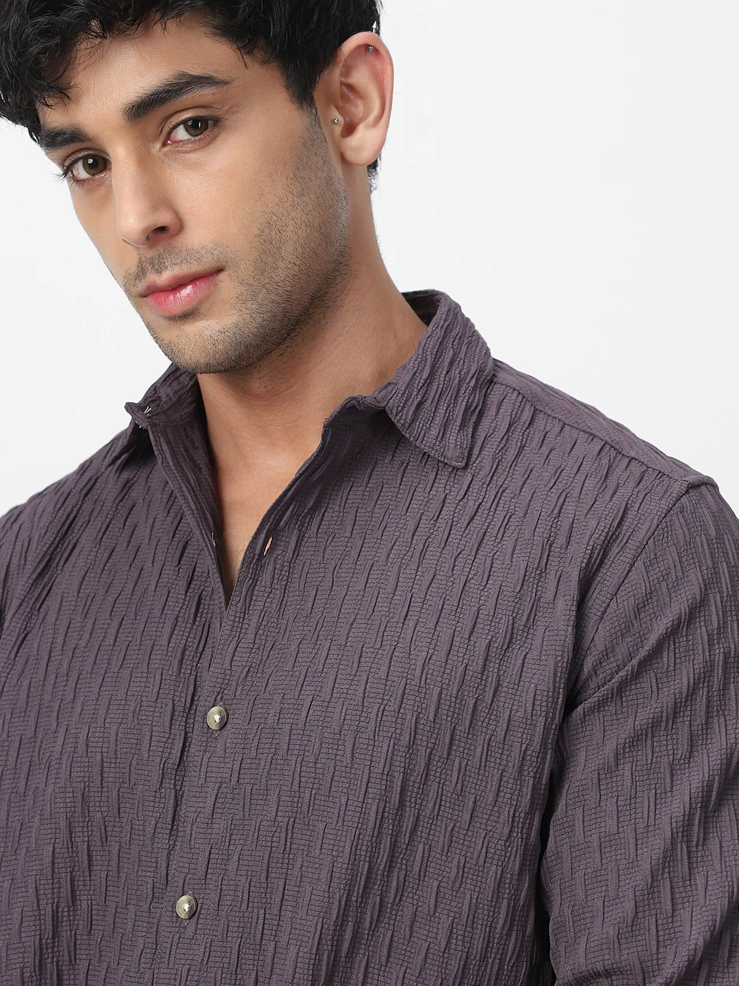 Men's Dark Lavender Cotton Full Sleeve Regular Fit Textured Shirt with Spread Collar - Image 7