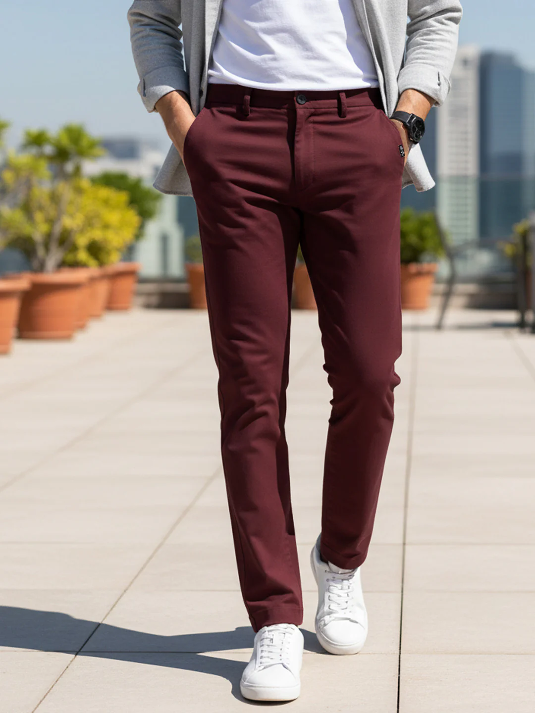 Men's Dark Maroon Cotton Regular Fit Casual Chinos Trousers Stretch