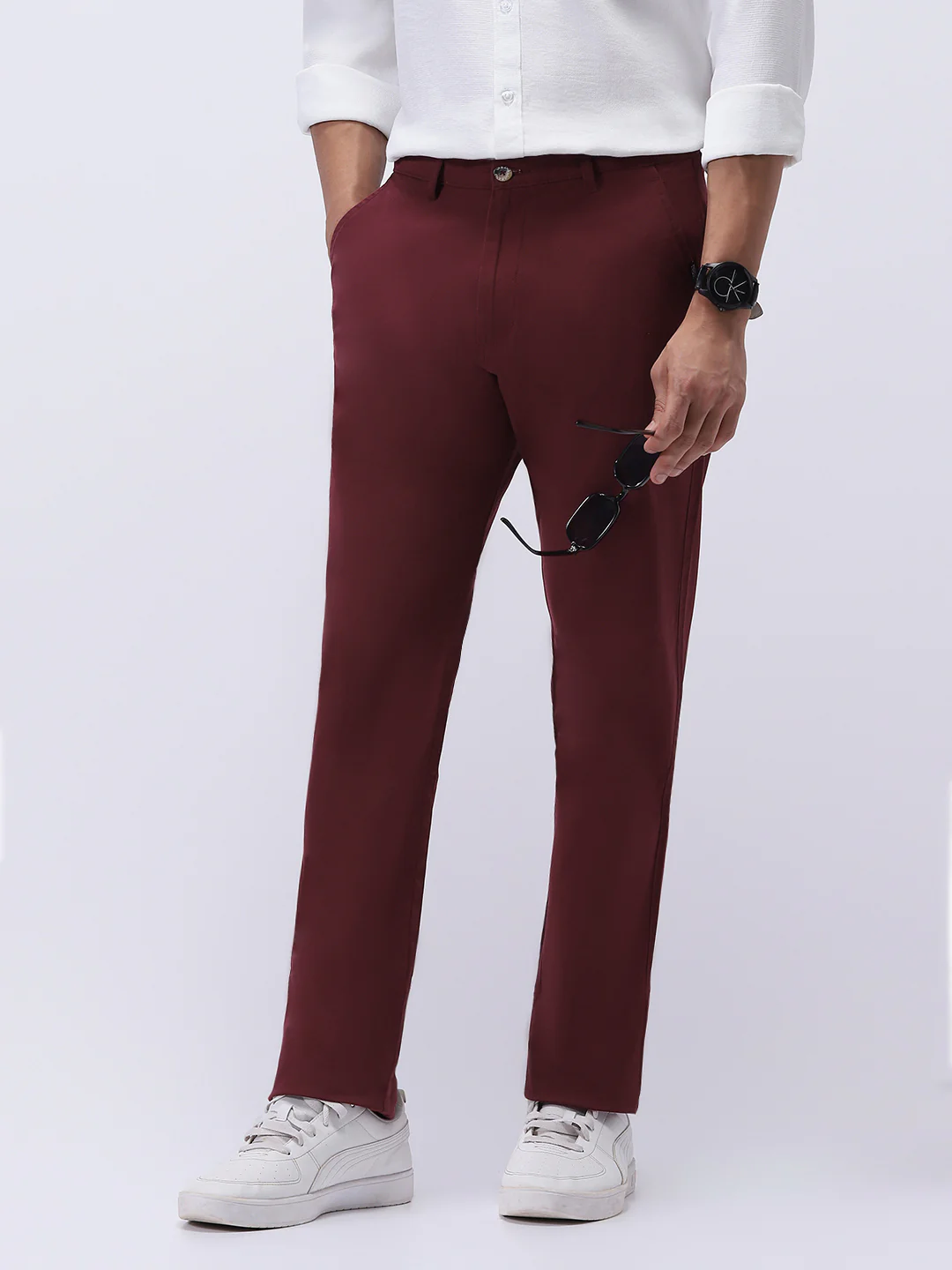 Men's Dark Maroon Cotton Regular Fit Casual Chinos Trousers Stretch - Image 2