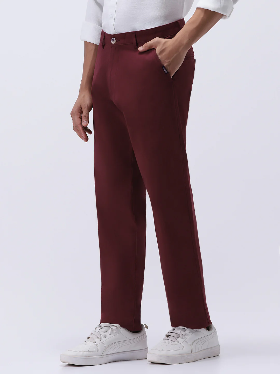 Men's Dark Maroon Cotton Regular Fit Casual Chinos Trousers Stretch - Image 3