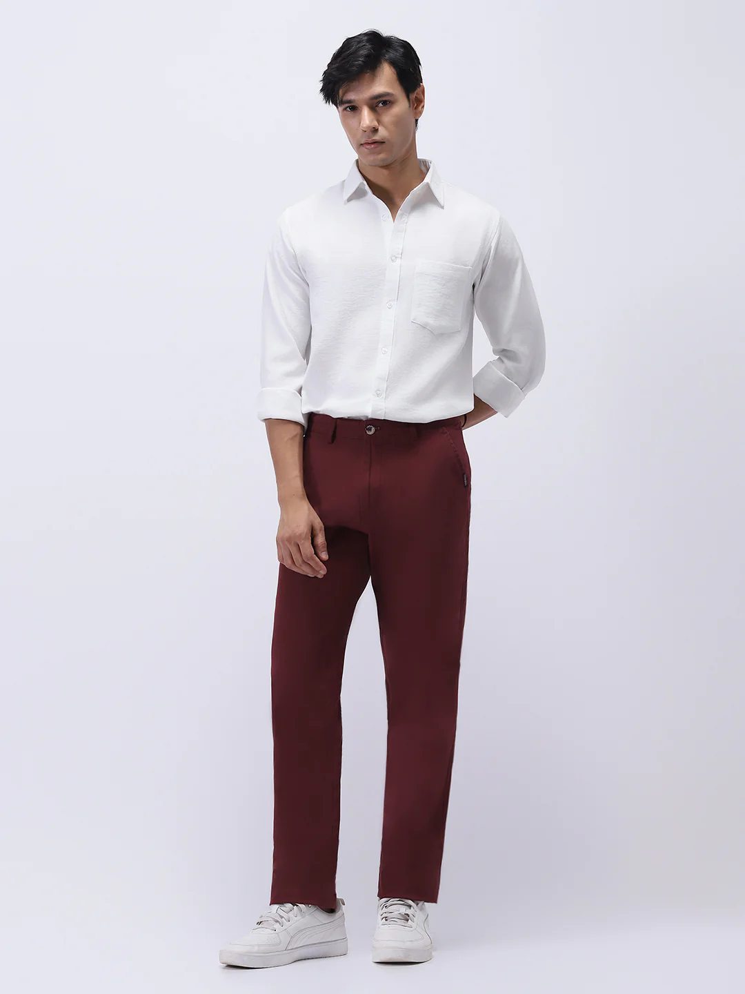 Men's Dark Maroon Cotton Regular Fit Casual Chinos Trousers Stretch - Image 5