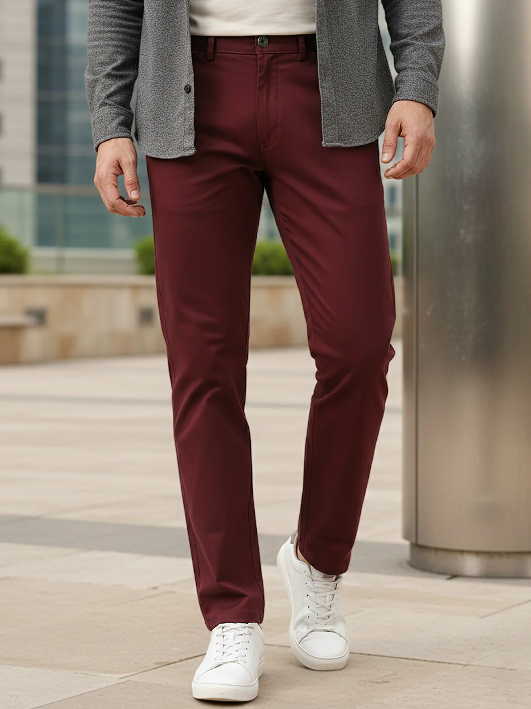 Men's Dark Maroon Cotton Slim Fit Casual Chinos Trousers Stretch