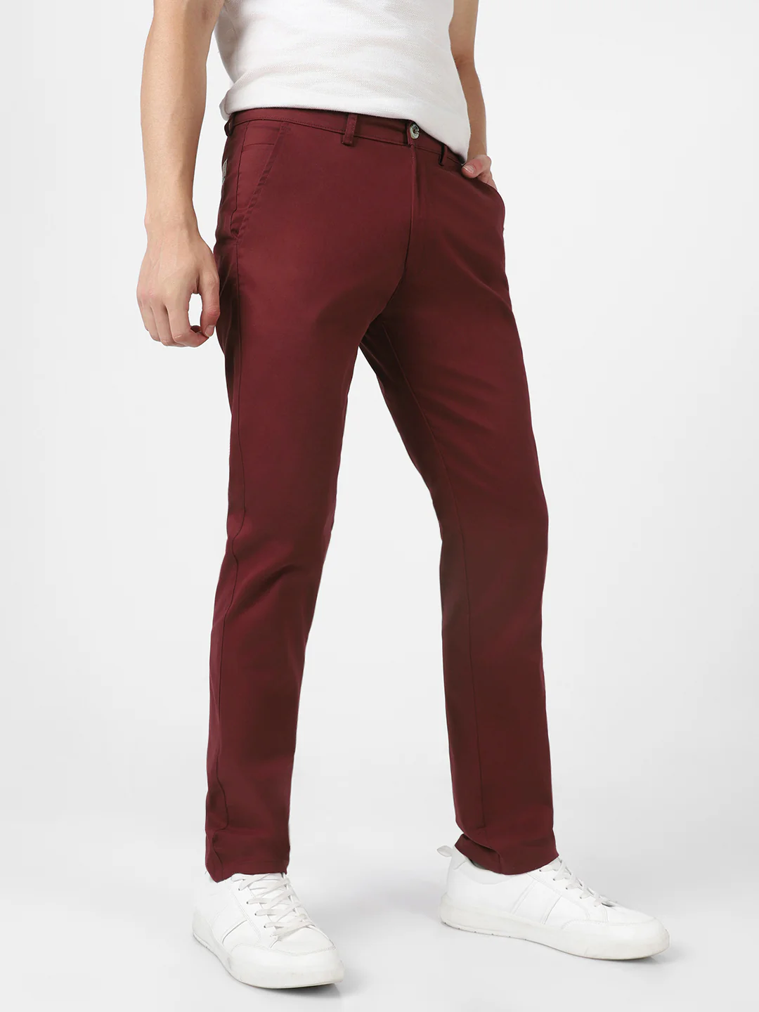 Men's Dark Maroon Cotton Slim Fit Casual Chinos Trousers Stretch - Image 2