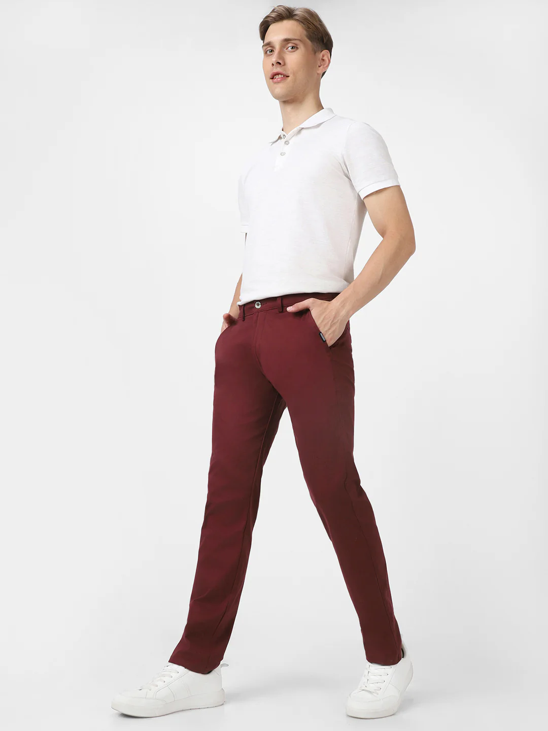 Men's Dark Maroon Cotton Slim Fit Casual Chinos Trousers Stretch - Image 4