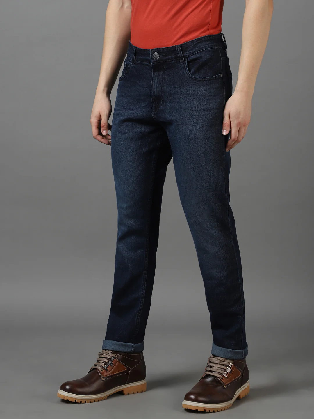 Men's Dark Navy Blue Slim Fit Heavy Washed Jeans Stretch - Image 2