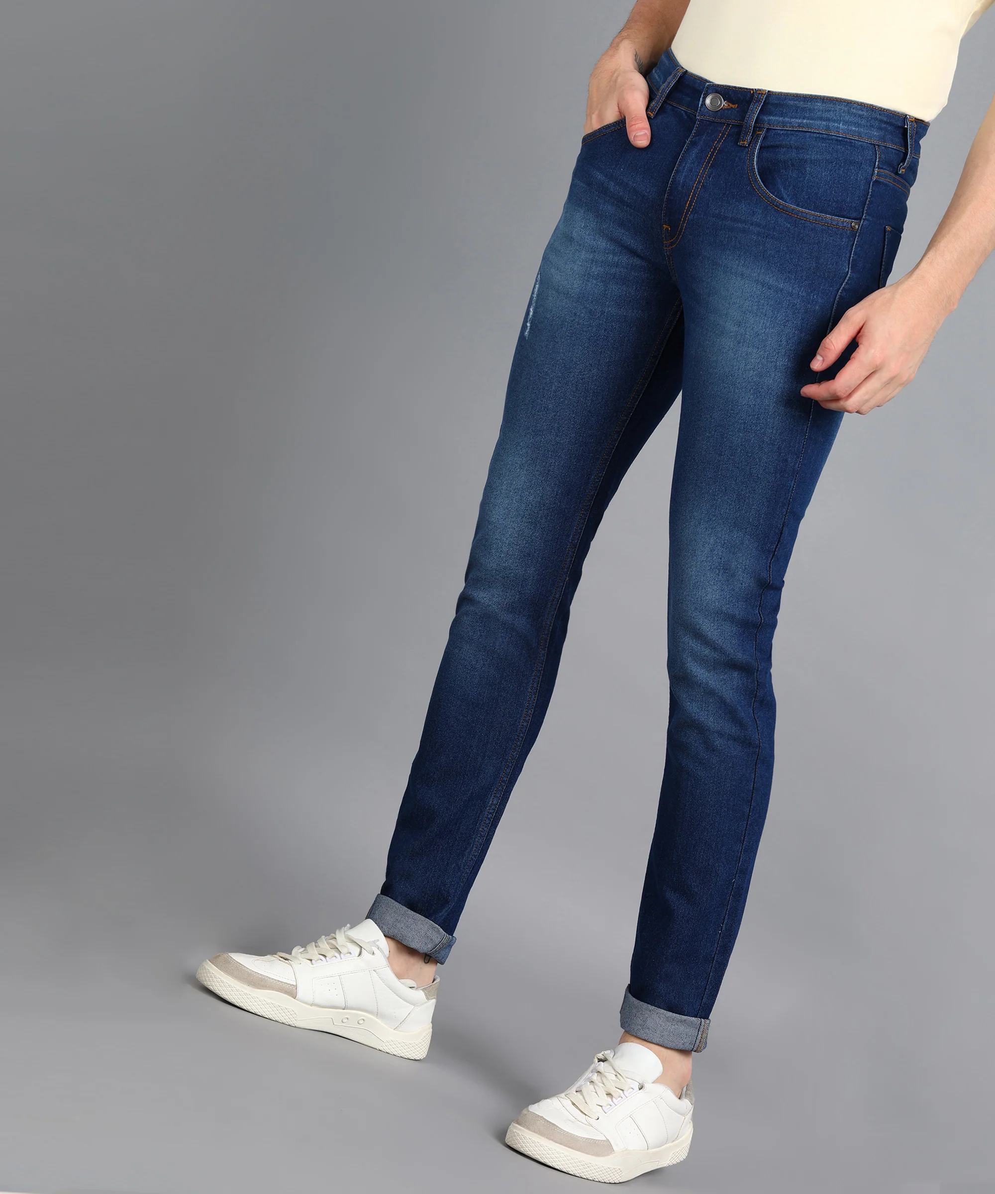 Men's Dark Navy Slim Fit Washed Mild Distressed/Torn Jeans Stretchable - Image 2