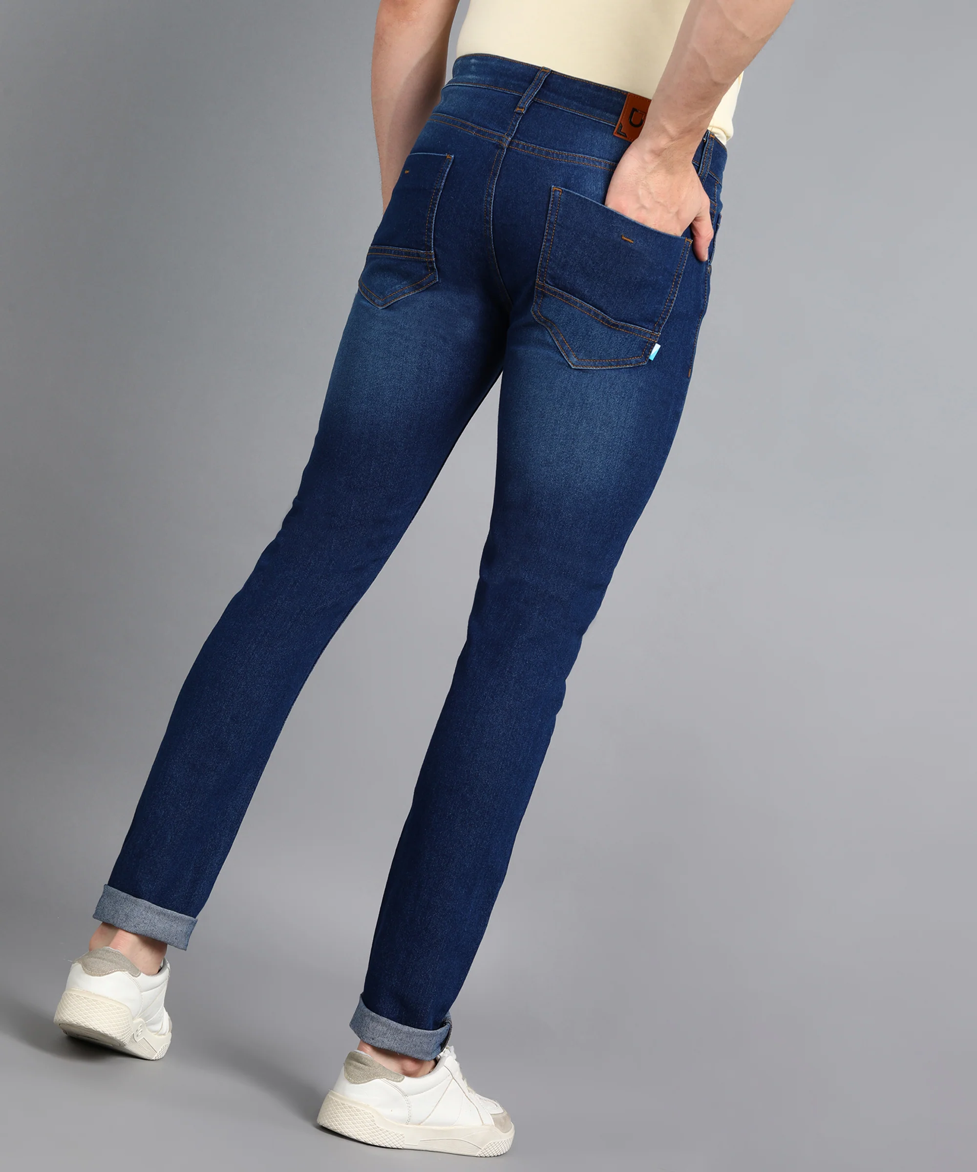 Men's Dark Navy Slim Fit Washed Mild Distressed/Torn Jeans Stretchable - Image 3