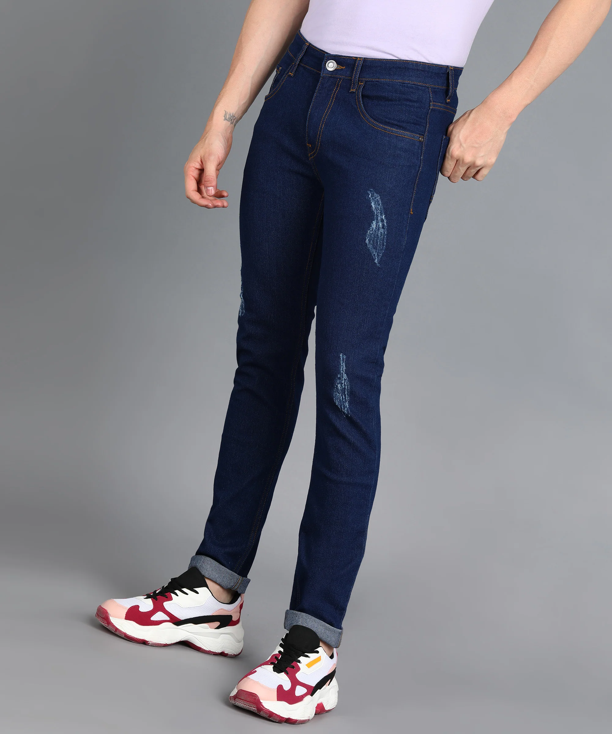 Men's Dark Navy Slim Fit Washed Mild Distressed/Torn Jeans Stretchable - Image 2