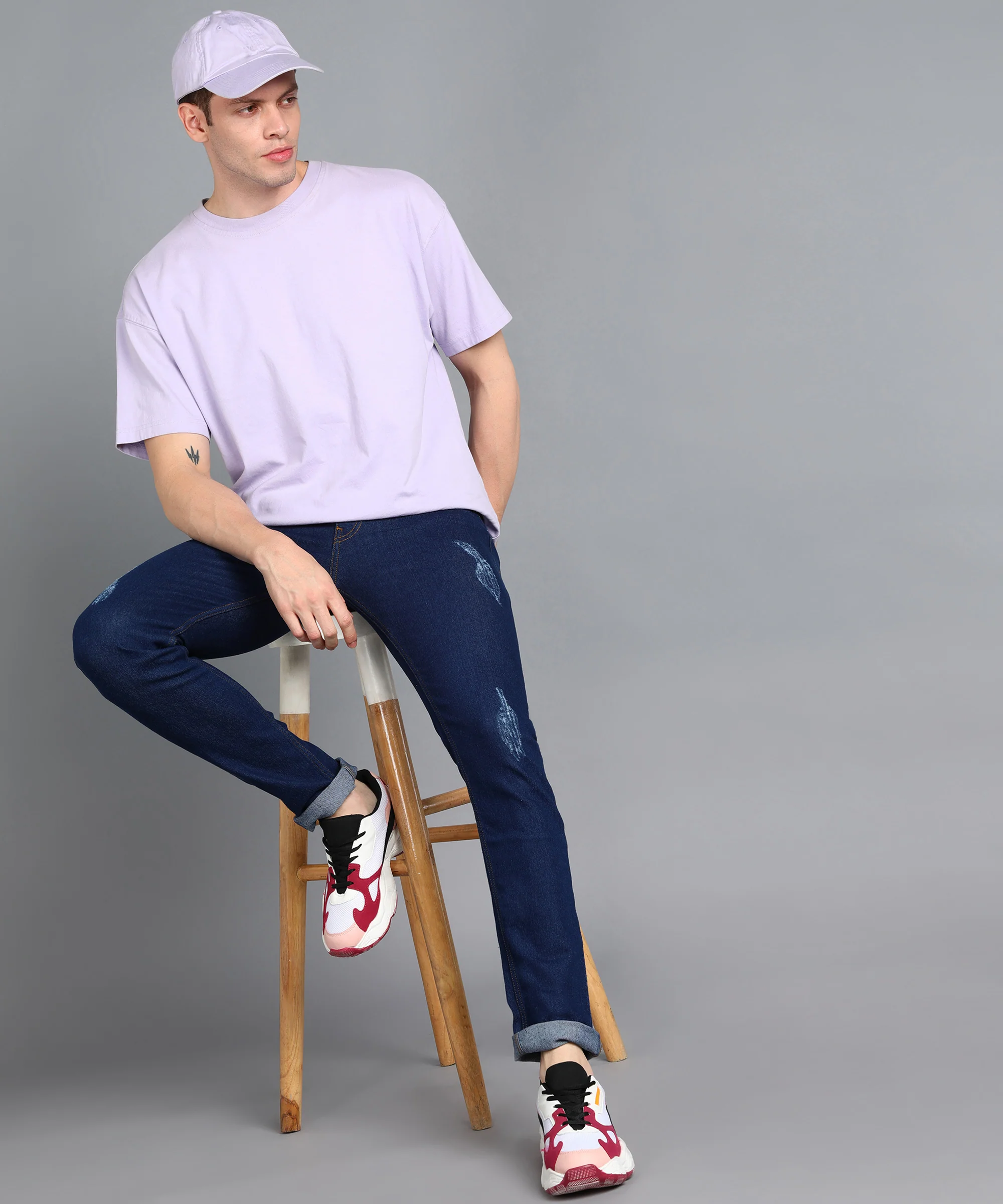 Men's Dark Navy Slim Fit Washed Mild Distressed/Torn Jeans Stretchable - Image 4