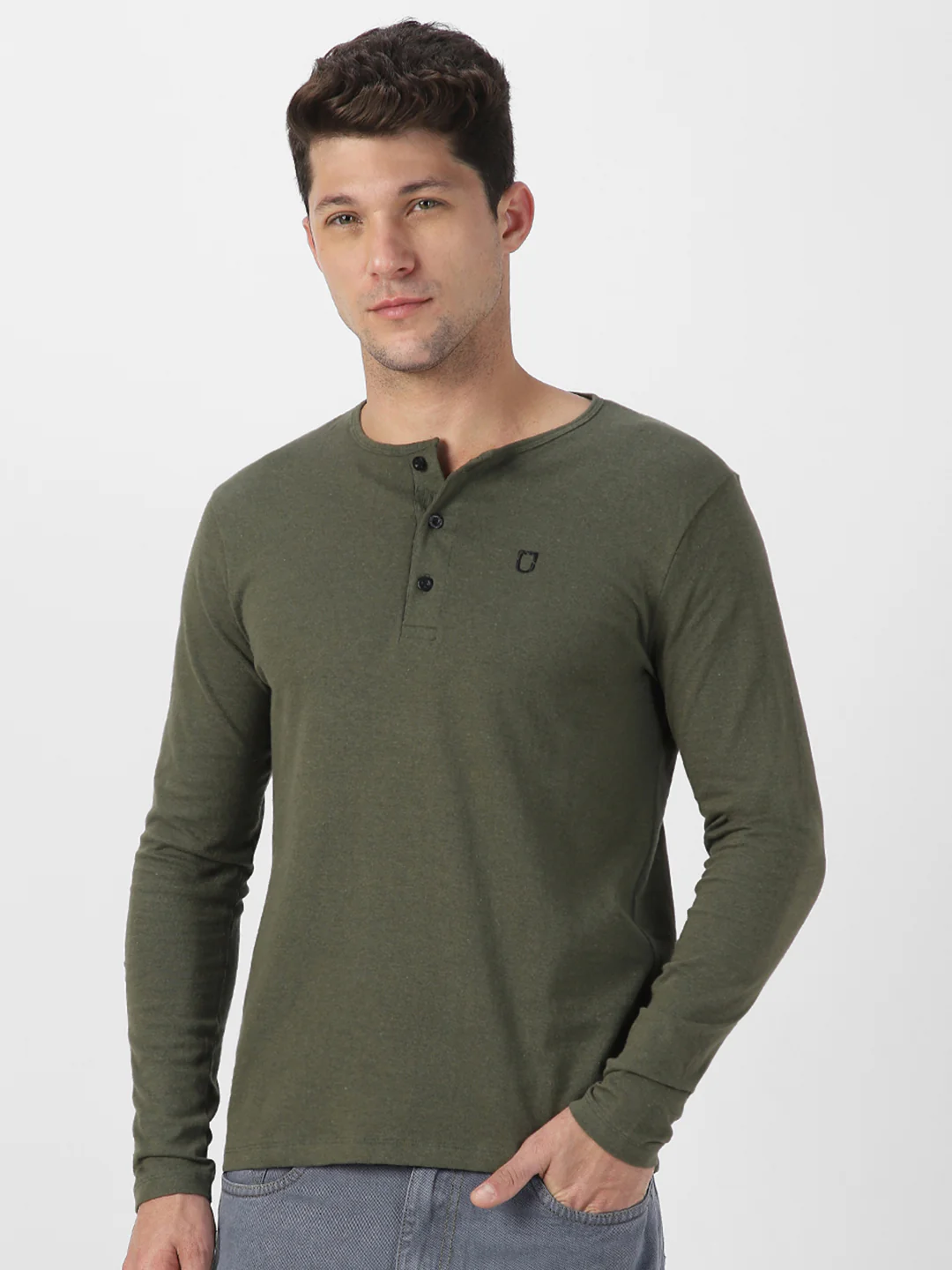 Men's Dark Olive Green Solid Henley Neck Slim Fit Full Sleeve Cotton T-Shirt - Image 2