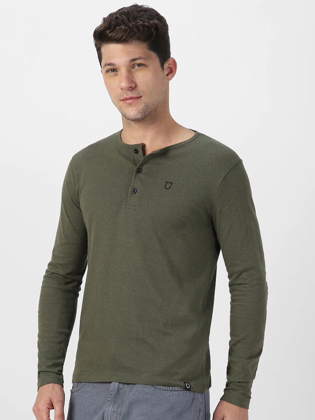 Men's Dark Olive Green Solid Henley Neck Slim Fit Full Sleeve Cotton T-Shirt - Image 3