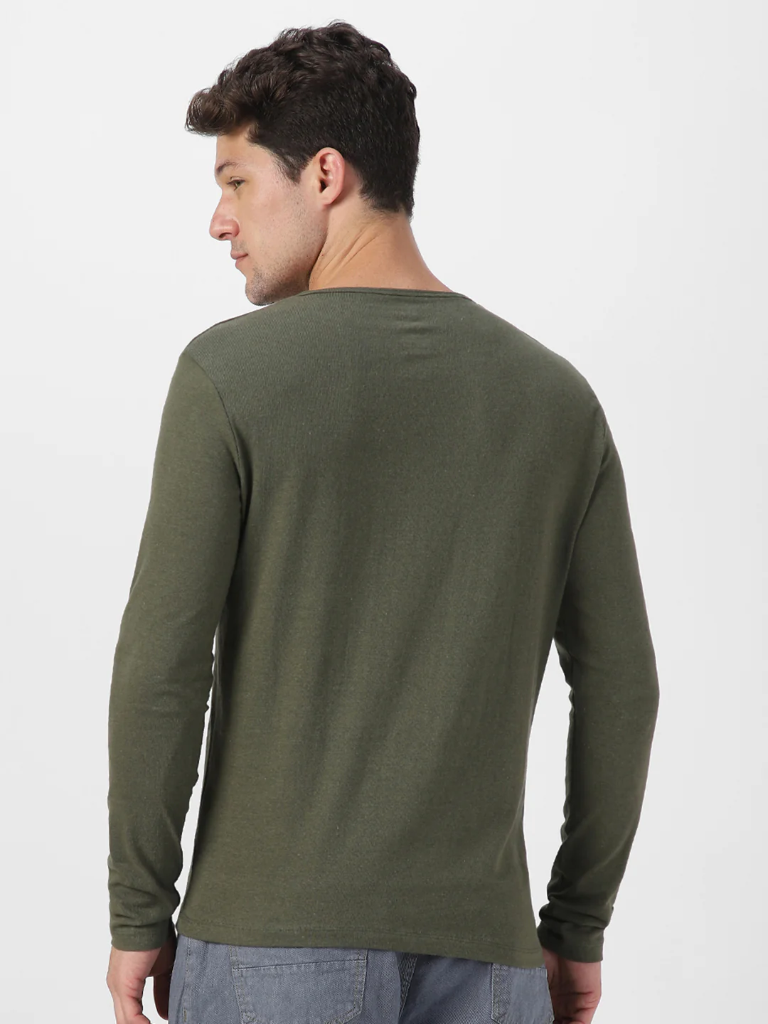 Men's Dark Olive Green Solid Henley Neck Slim Fit Full Sleeve Cotton T-Shirt - Image 4