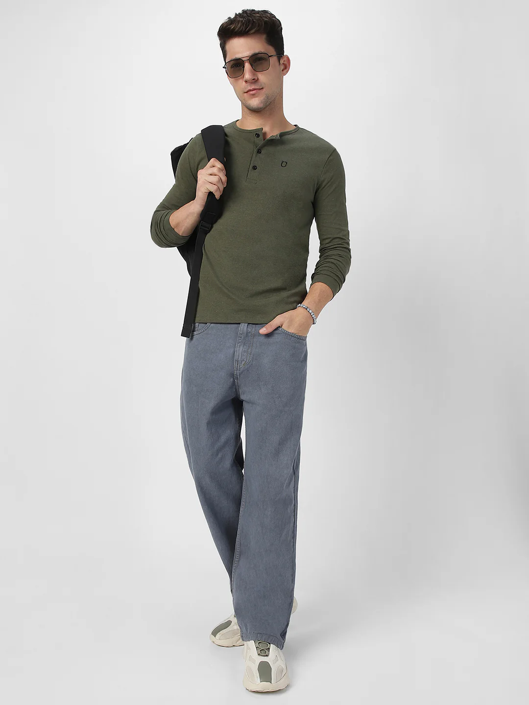 Men's Dark Olive Green Solid Henley Neck Slim Fit Full Sleeve Cotton T-Shirt - Image 5