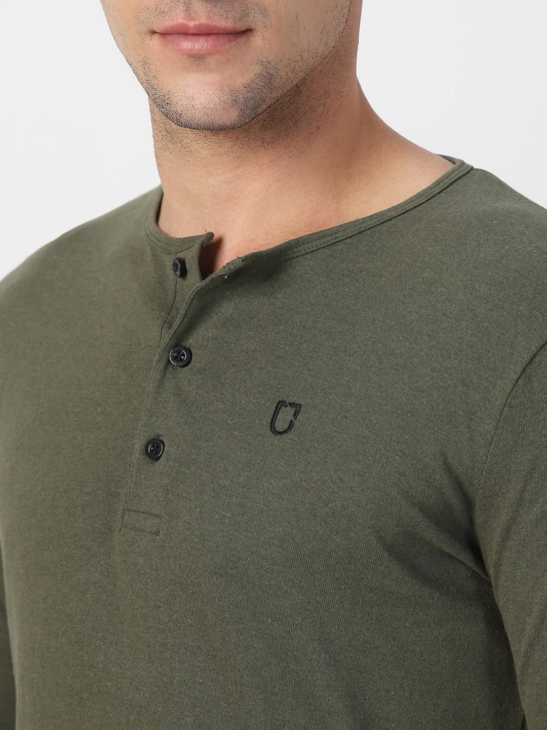 Men's Dark Olive Green Solid Henley Neck Slim Fit Full Sleeve Cotton T-Shirt - Image 6