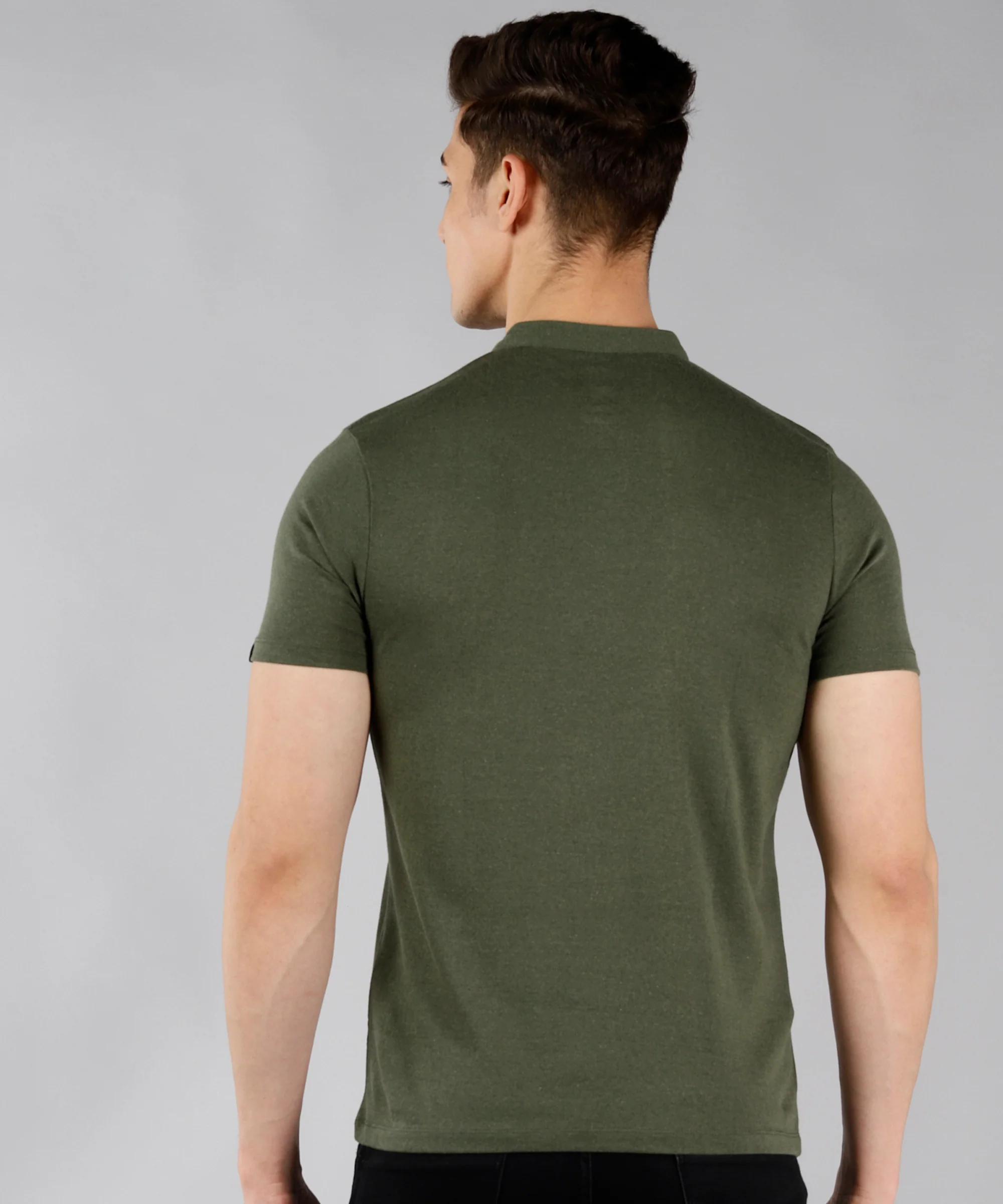 Men's Dark Olive Green Solid Mandarin Collar Slim Fit Half Sleeve Cotton T-Shirt - Image 3