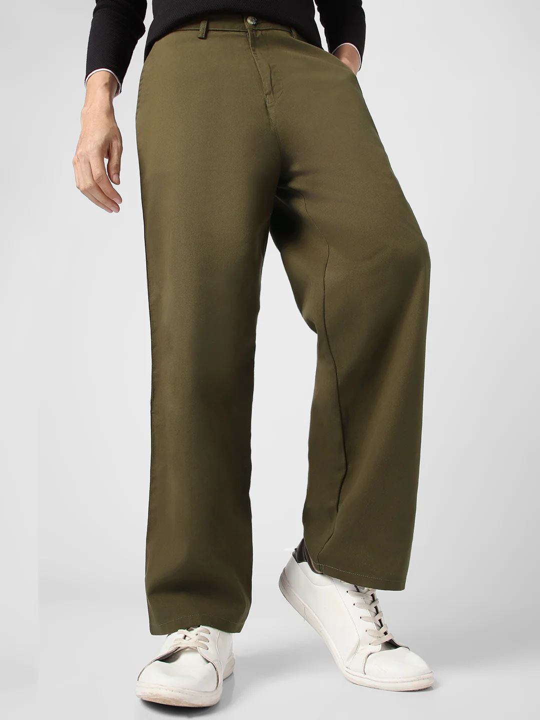 Men's Dark Olive Loose Baggy Fit Solid Chino Trousers Non-Stretchable - Image 3