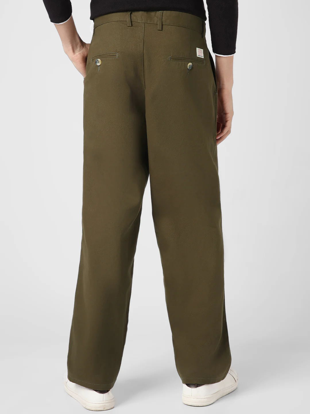 Men's Dark Olive Loose Baggy Fit Solid Chino Trousers Non-Stretchable - Image 5