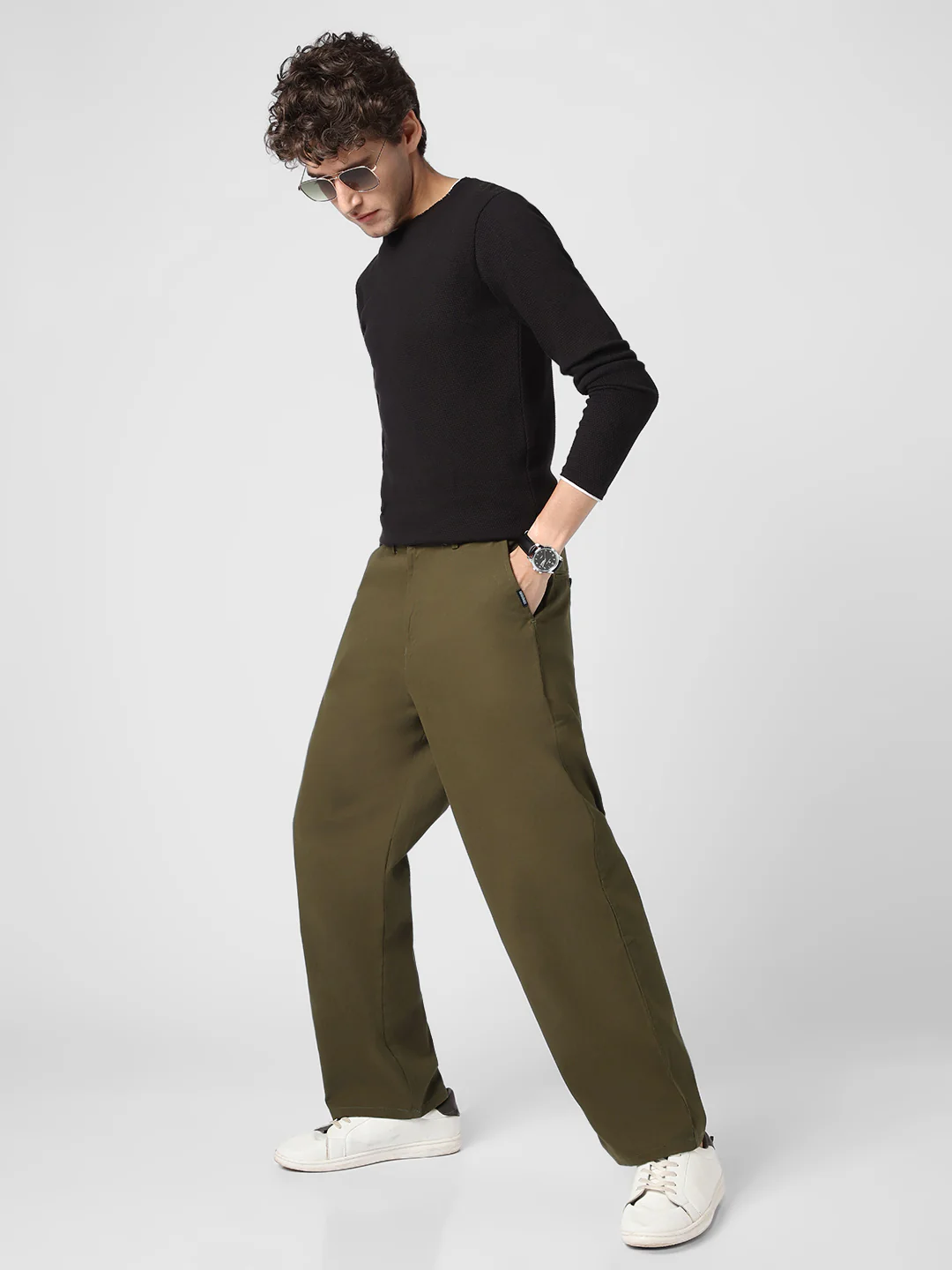 Men's Dark Olive Loose Baggy Fit Solid Chino Trousers Non-Stretchable - Image 6