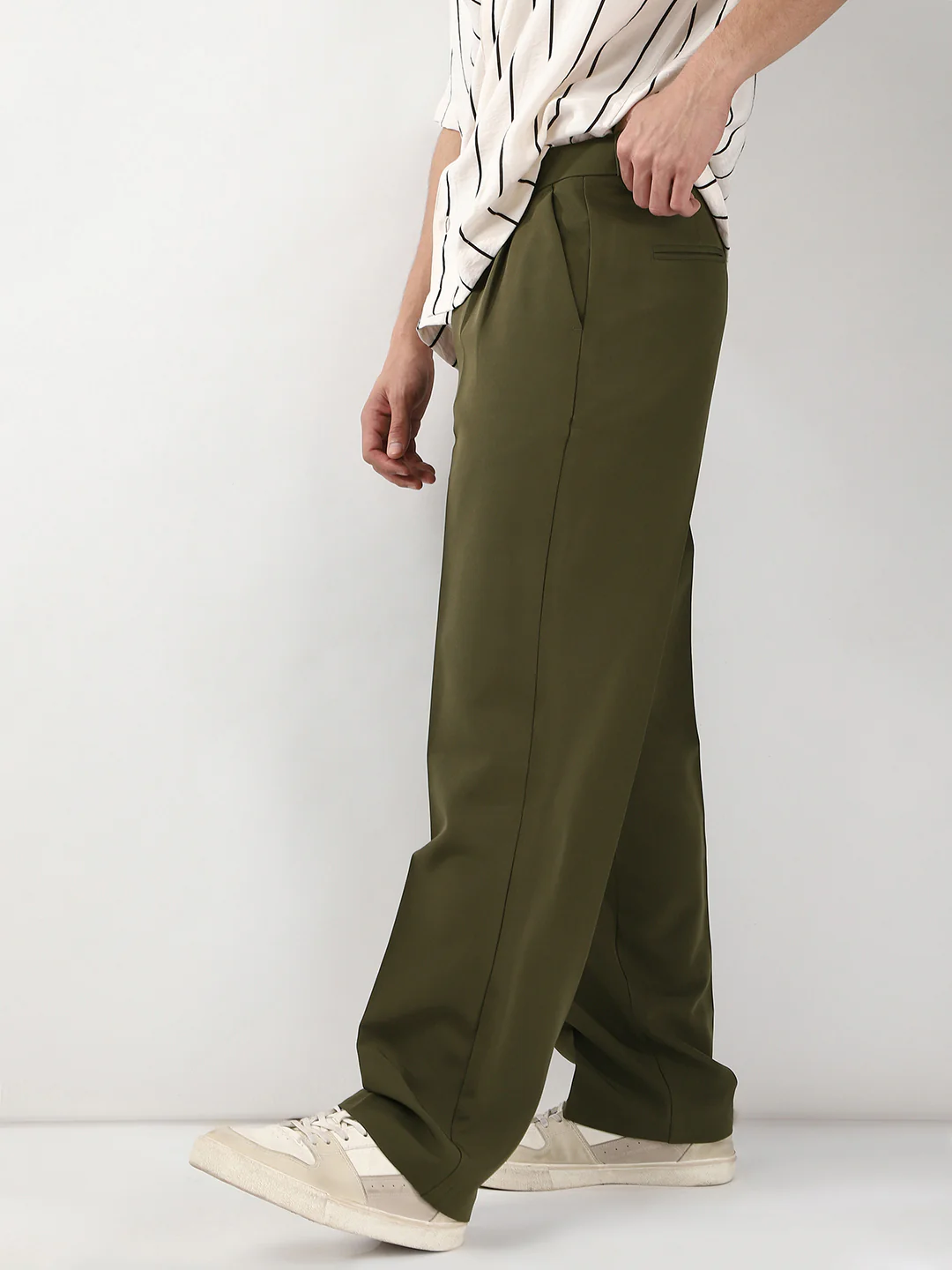 Men's Dark Olive Loose Baggy Fit Solid Korean Pants Stretchable - Image 3