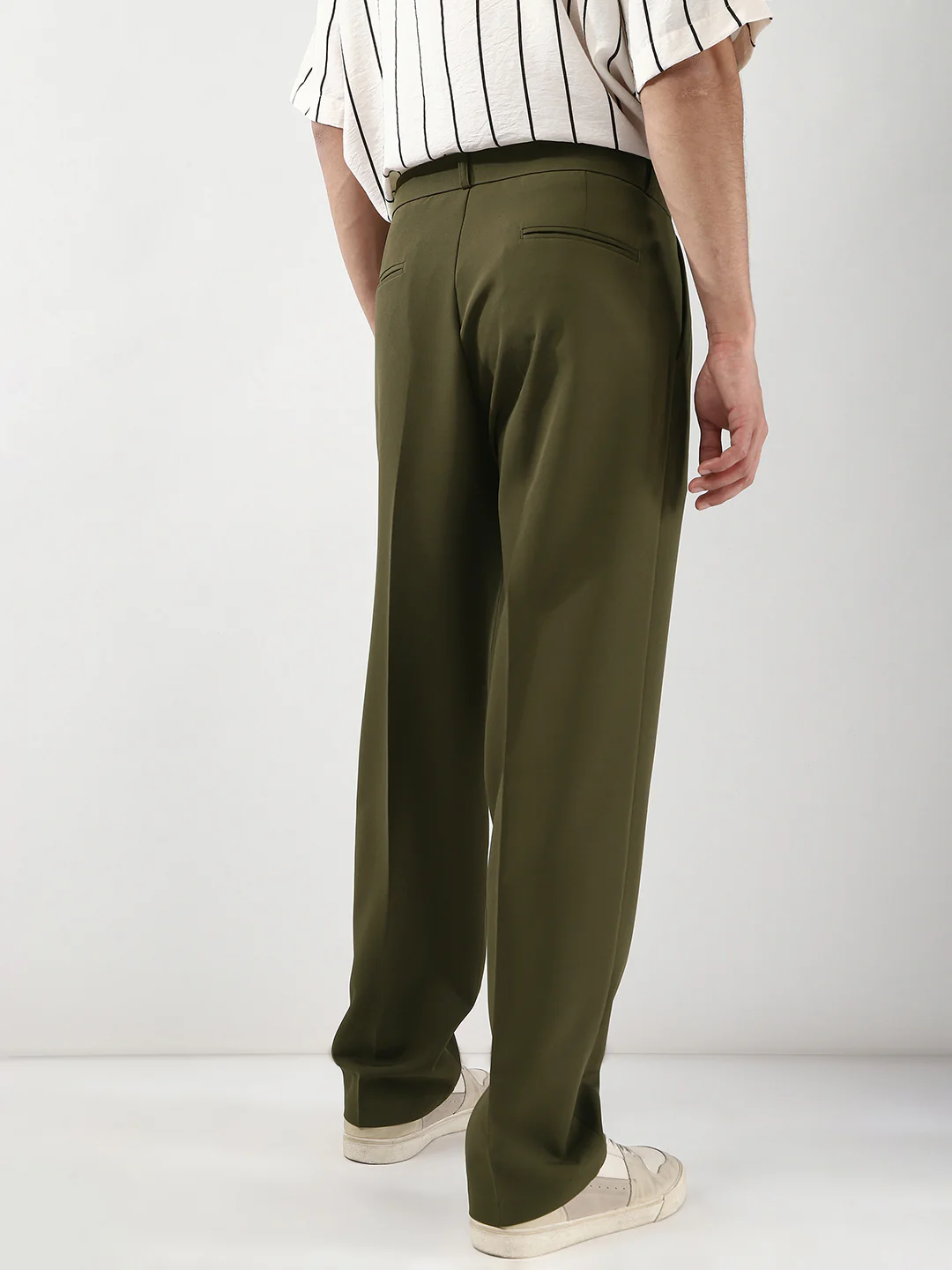 Men's Dark Olive Loose Baggy Fit Solid Korean Pants Stretchable - Image 4