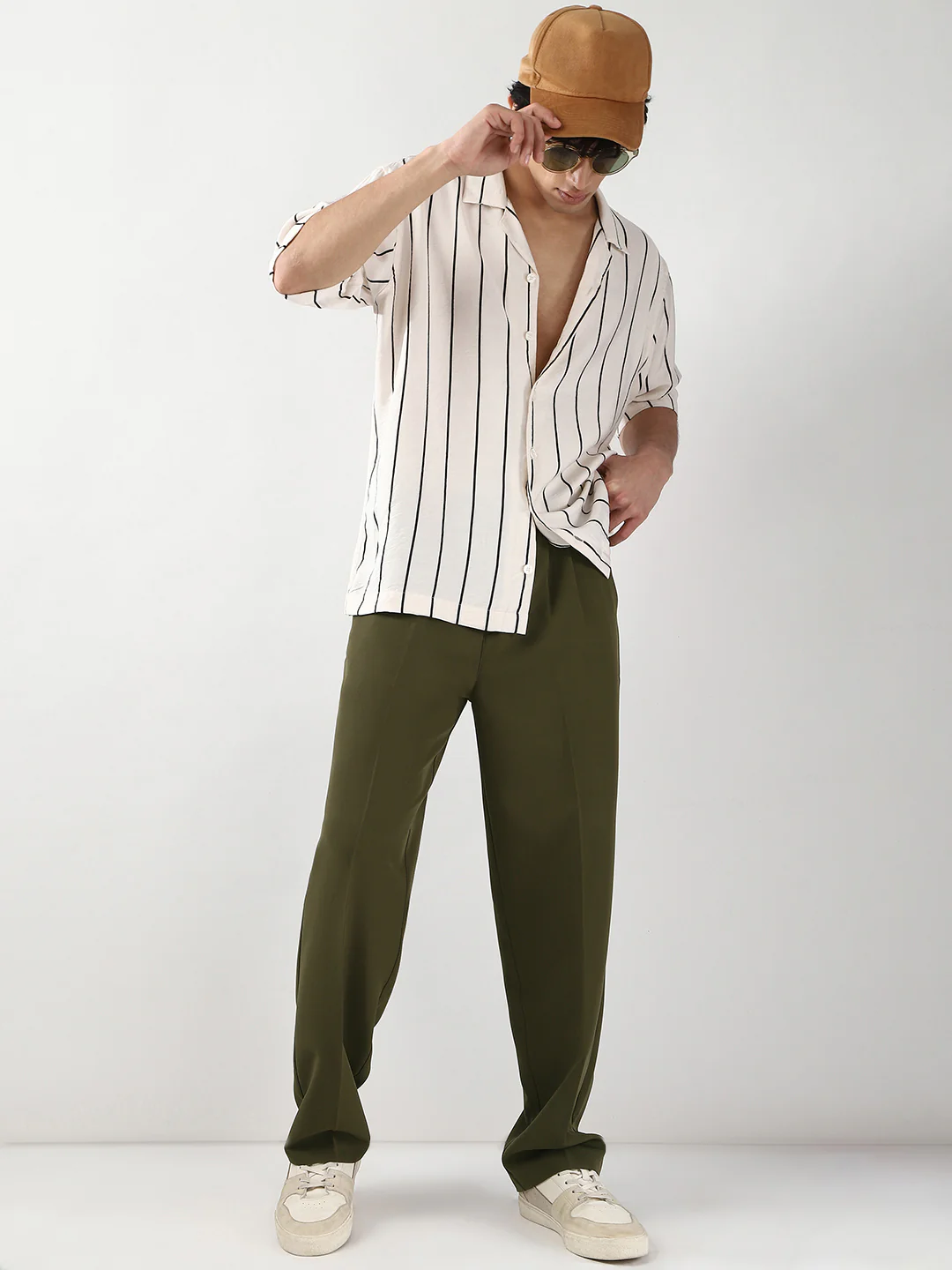 Men's Dark Olive Loose Baggy Fit Solid Korean Pants Stretchable - Image 5