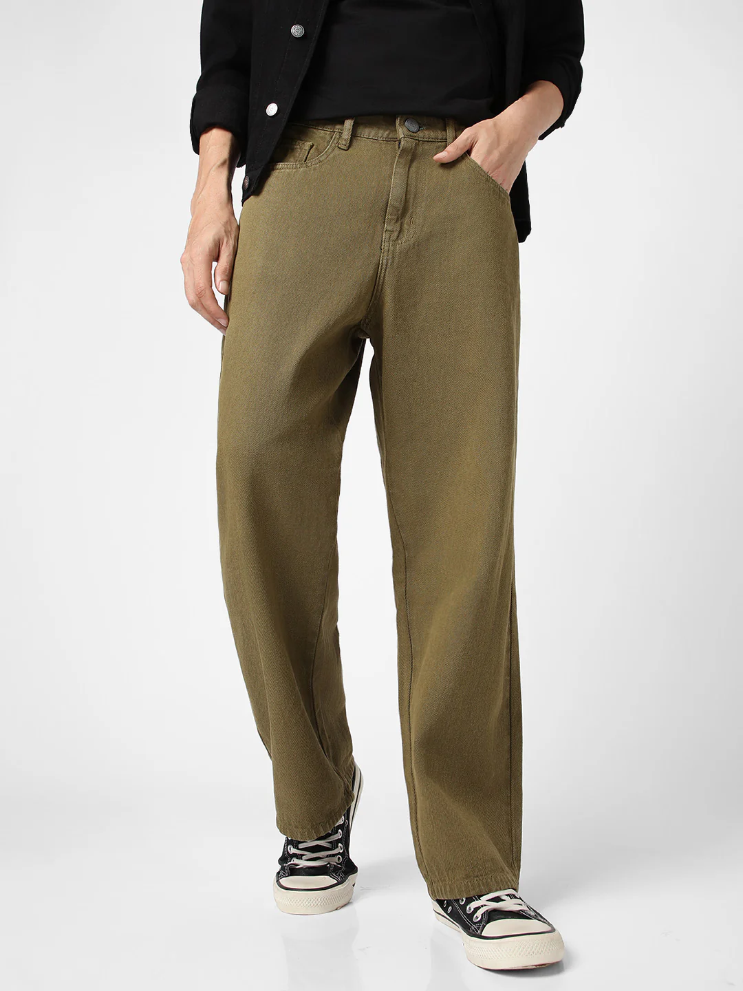Men's Dark Olive Loose Baggy Fit Washed Jeans Non-Stretchable - Image 2
