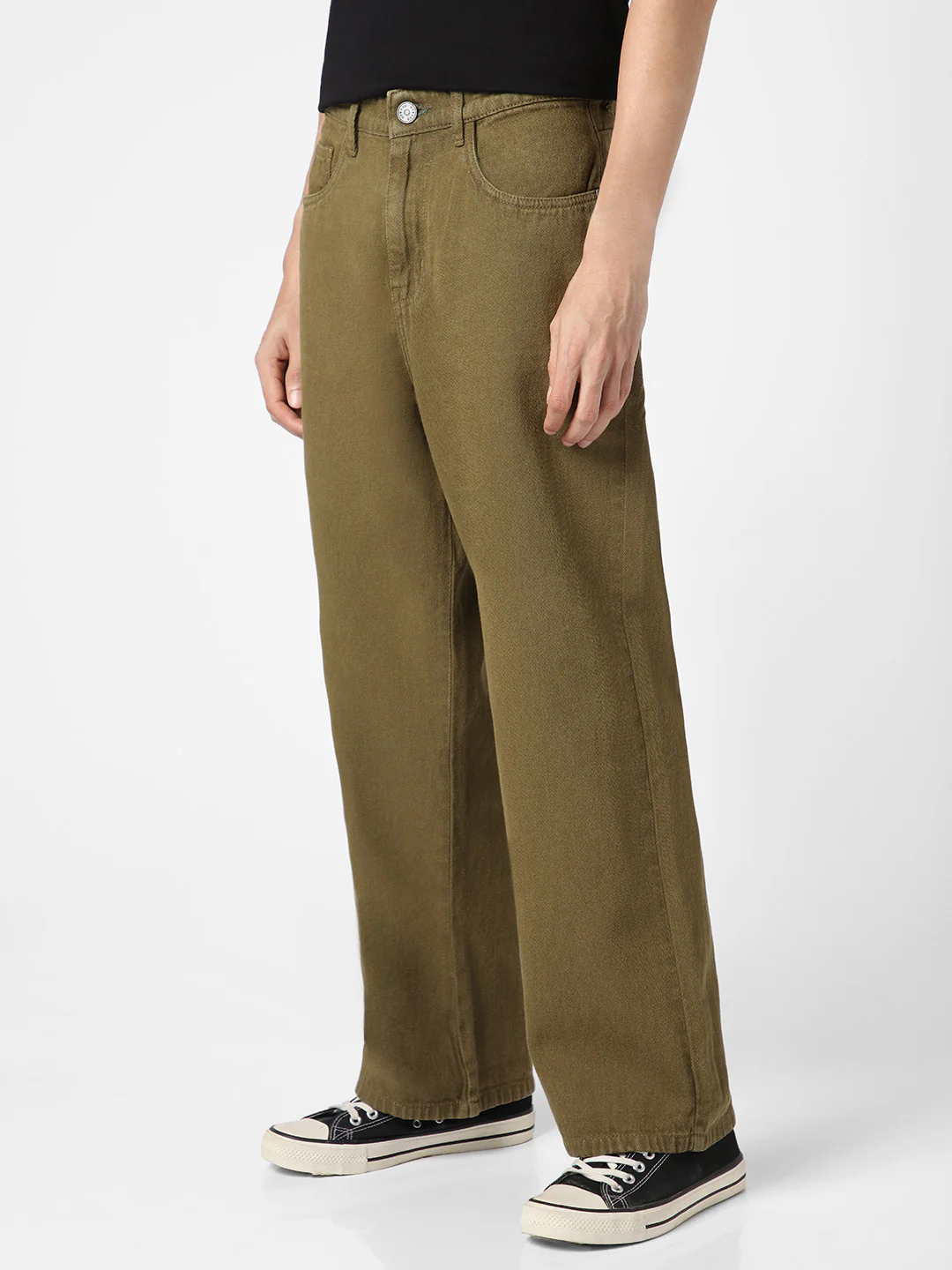 Men's Dark Olive Loose Baggy Fit Washed Jeans Non-Stretchable - Image 3