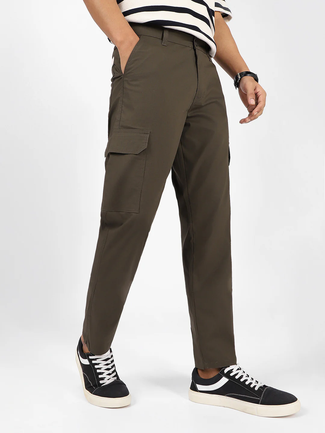 Men's Dark Olive Regular Fit Solid Cargo Chino Pant With 6 Pockets - Image 2