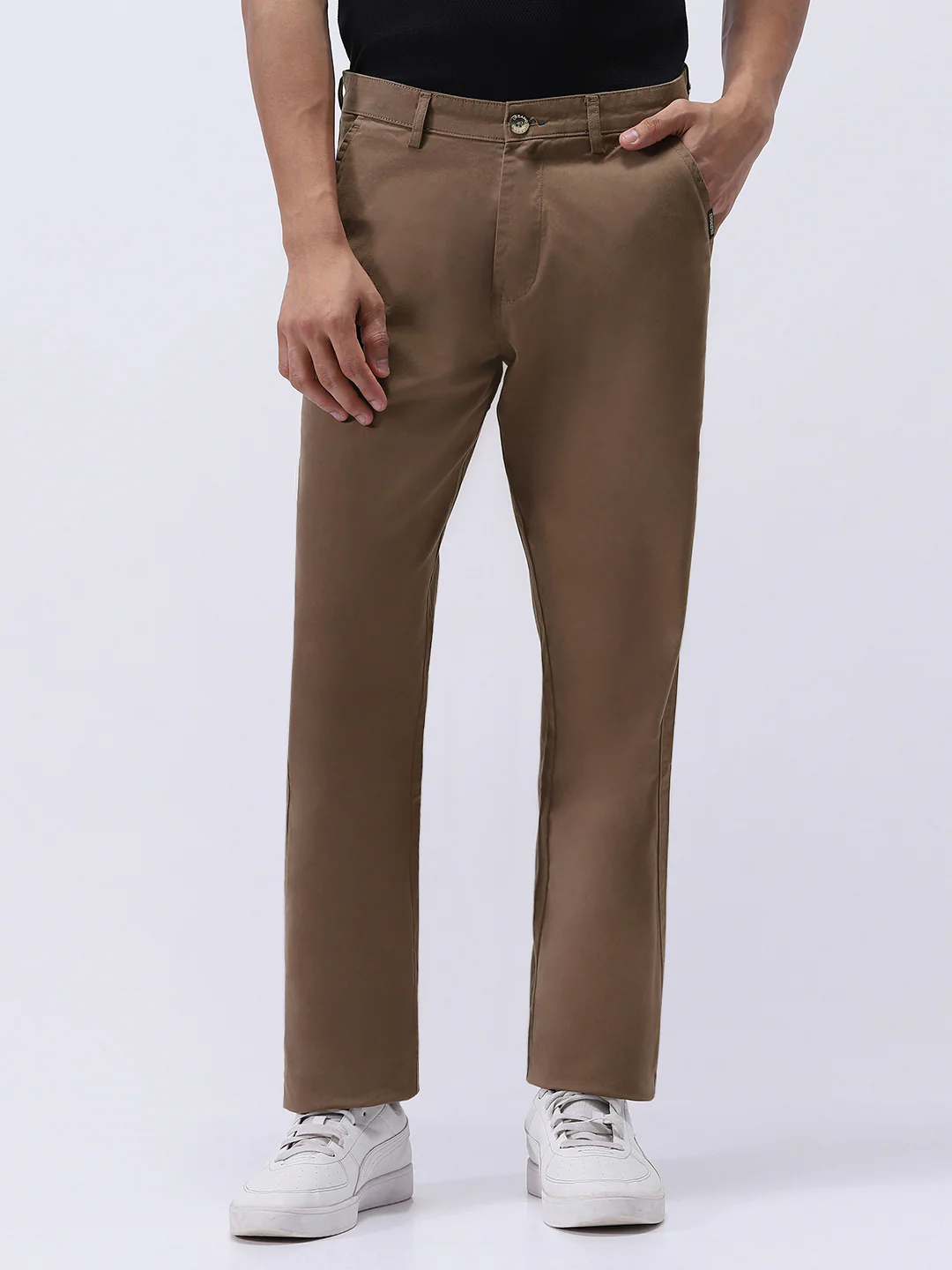 Men's Dark Taupe Cotton Regular Fit Casual Chinos Trousers Stretch
