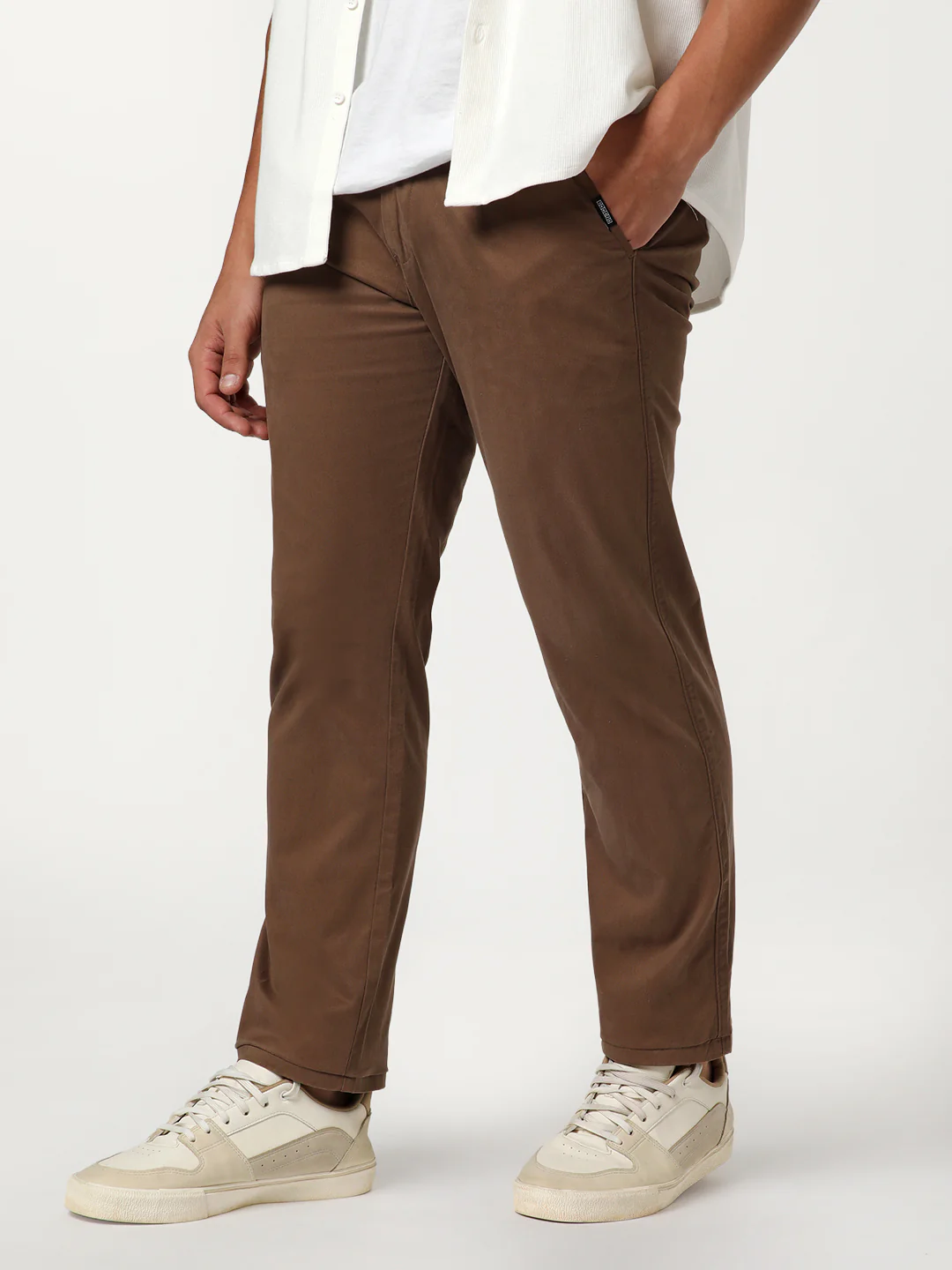 Men's Dark Taupe Straight Fit Mid Rise Cotton Casual Chinos Trousers Stretch