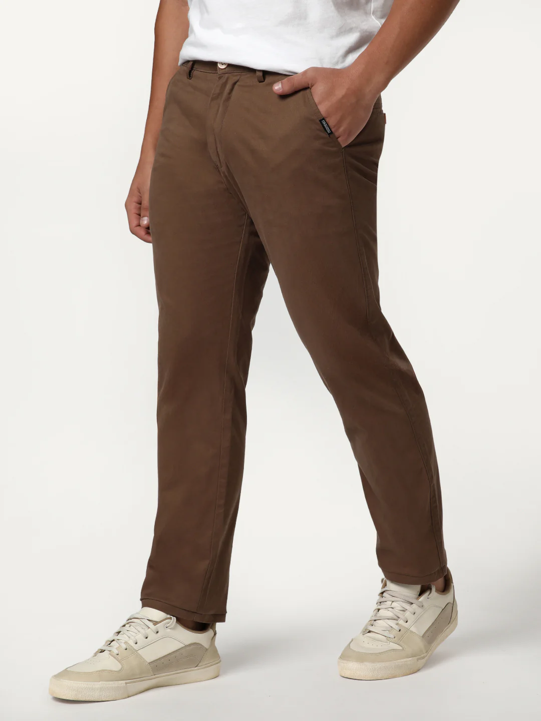 Men's Dark Taupe Straight Fit Mid Rise Cotton Casual Chinos Trousers Stretch - Image 2
