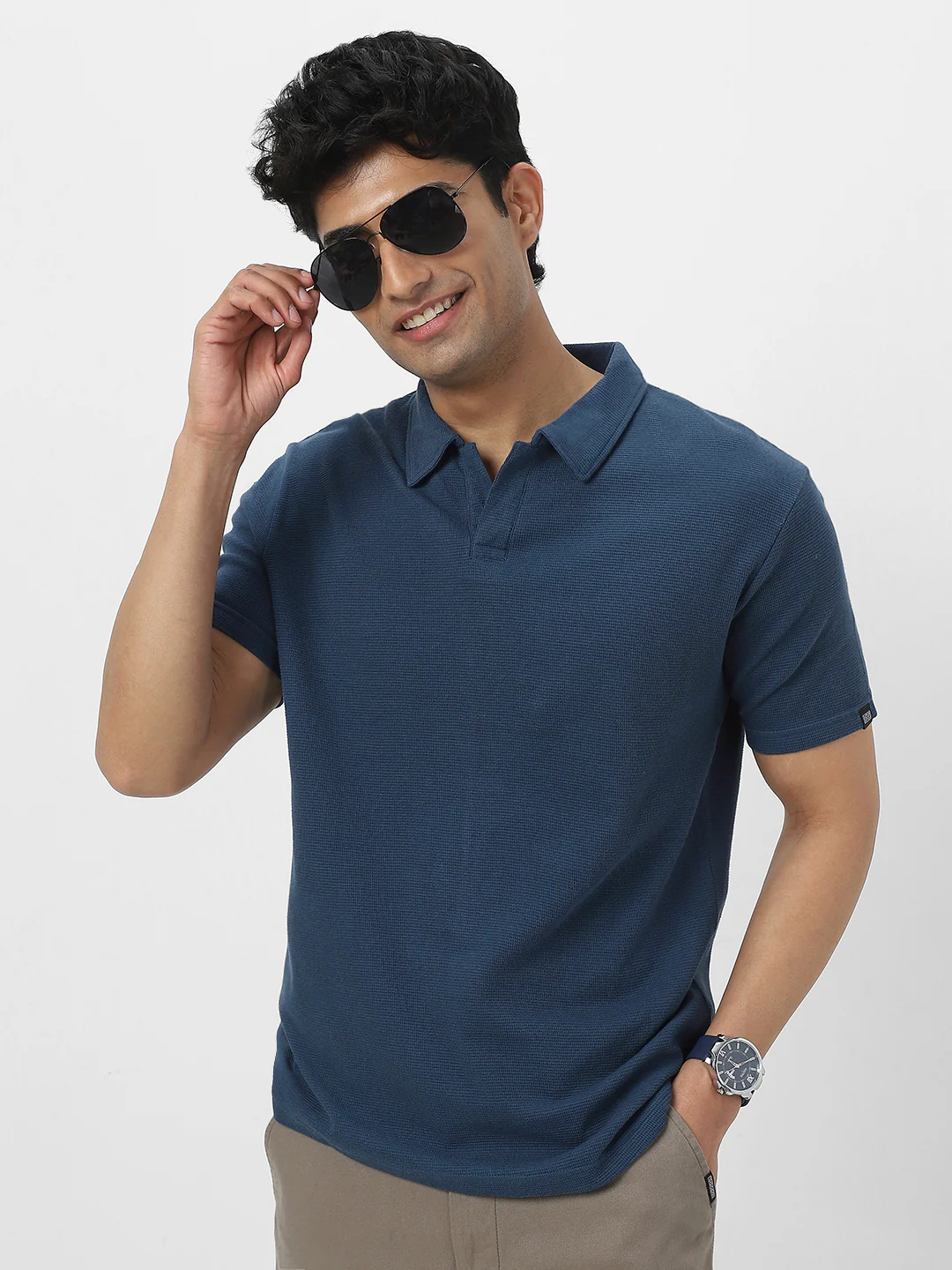 Men's Deep Navy Textured Regular Fit Half Sleeve Cotton Polo T-Shirt - Image 2