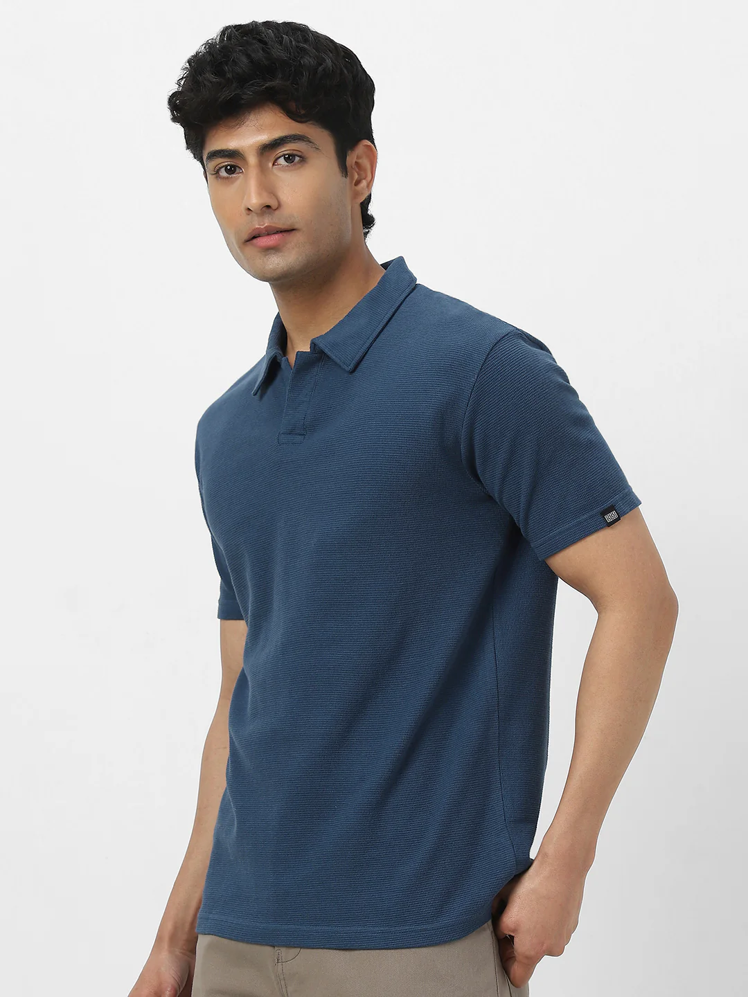 Men's Deep Navy Textured Regular Fit Half Sleeve Cotton Polo T-Shirt - Image 4