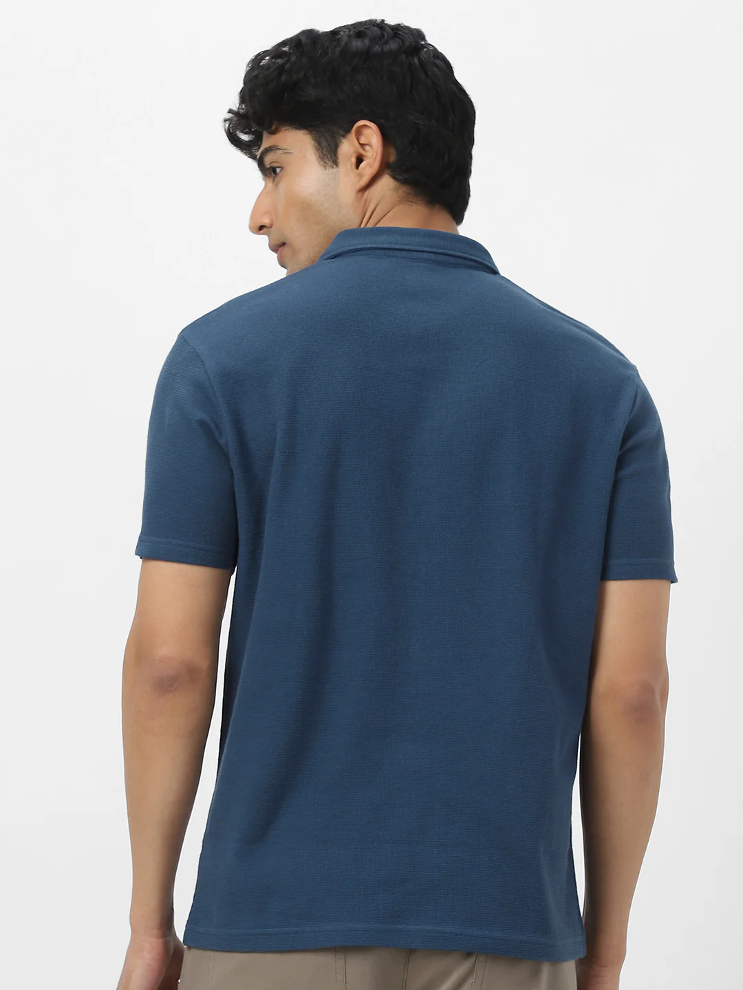 Men's Deep Navy Textured Regular Fit Half Sleeve Cotton Polo T-Shirt - Image 5