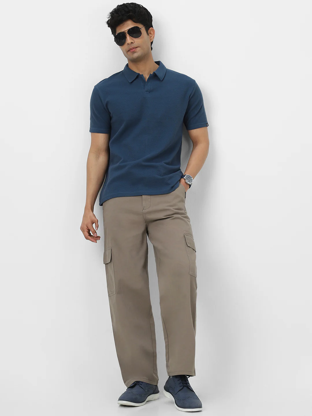 Men's Deep Navy Textured Regular Fit Half Sleeve Cotton Polo T-Shirt - Image 6