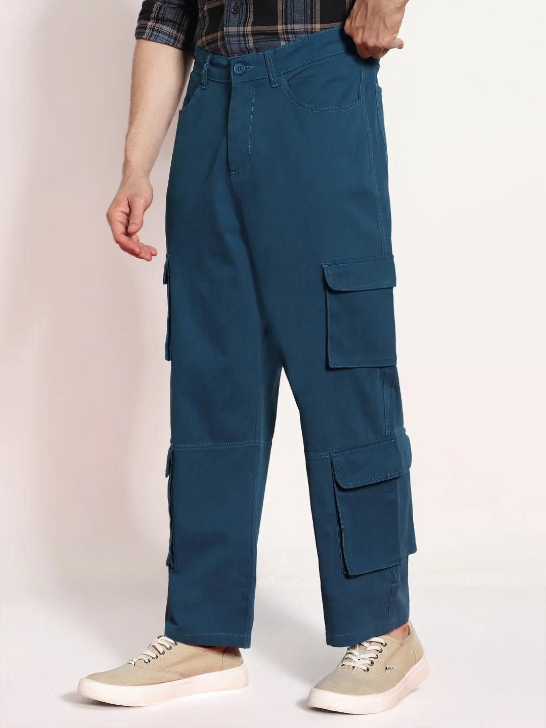 Men's Denim Blue Loose Baggy Fit Cargo Chino Pant with 8 Pockets Stretchable - Image 3
