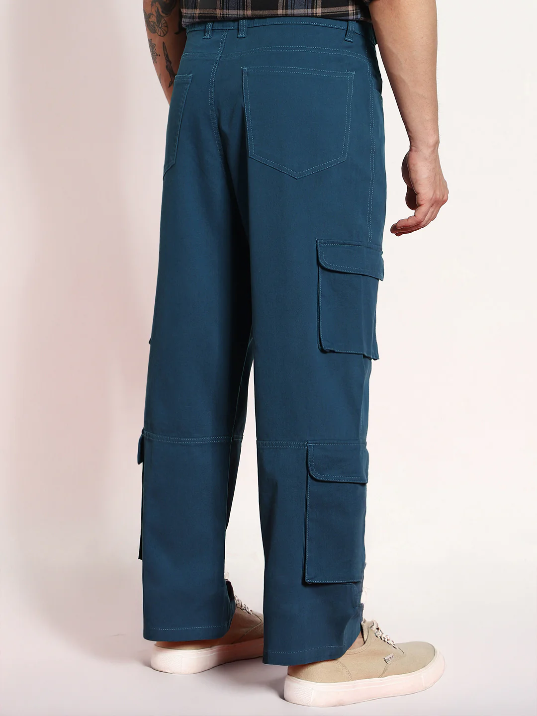 Men's Denim Blue Loose Baggy Fit Cargo Chino Pant with 8 Pockets Stretchable - Image 4