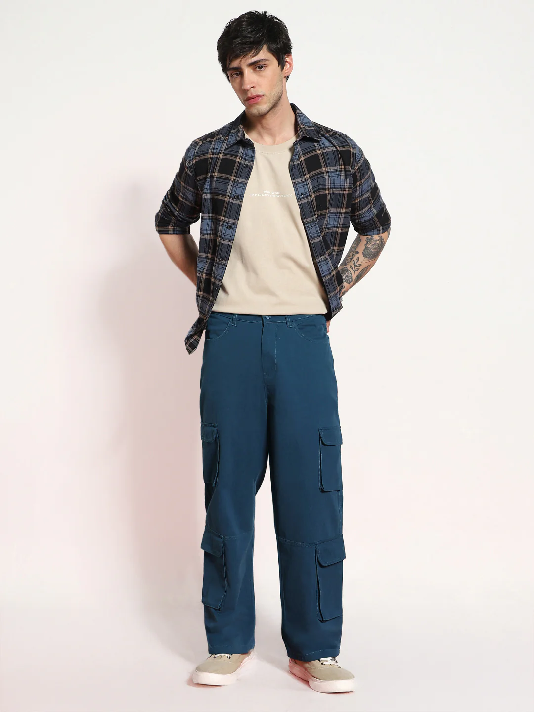 Men's Denim Blue Loose Baggy Fit Cargo Chino Pant with 8 Pockets Stretchable - Image 5
